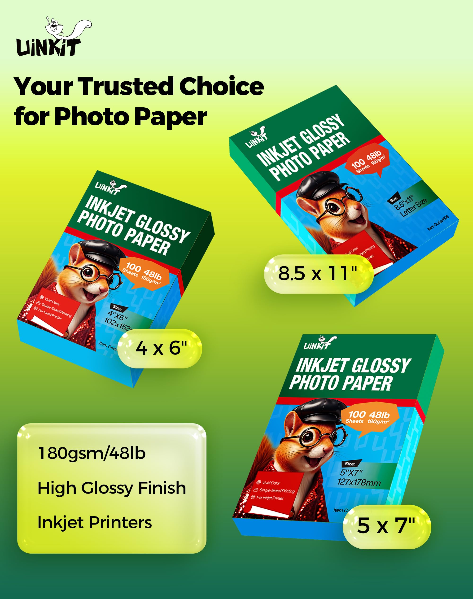 Uinkit Premium Glossy Inkjet Photo Paper - 4x6 Inch, 48lb 180gsm, 100 Sheets - Professional Photographic Quality, Dye Ink Compatible, High-Gloss Finish for Vivid Memories & Instant Prints