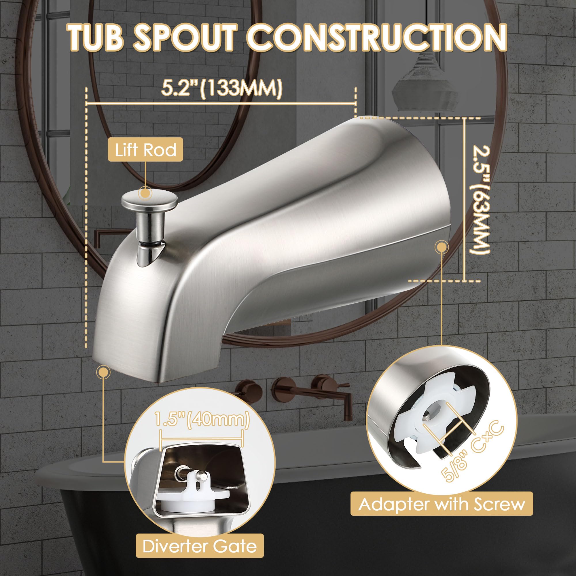 Enhon Slip on Tub Spout with Diverter, Compatible with American Standard 8888026.002 Tub Spout, Bathroom Bathtub Faucet, Fits 1/2 Copper Water Tube(5/8 Dia), 5/32 Hex Wrench(Brushed Nickel,1)