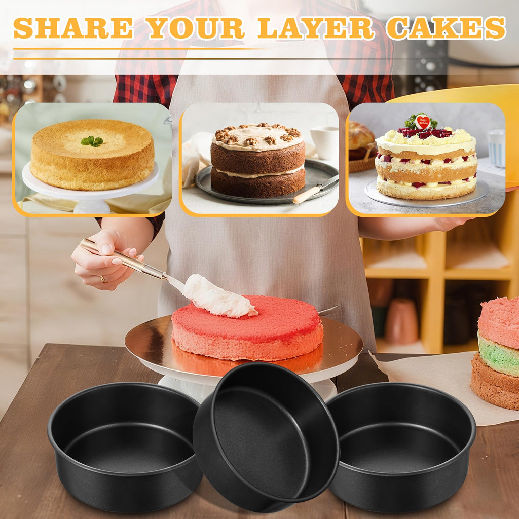 E-far 4 Inch Cake Pan Set of 3, Nonstick Stainless Steel Mini Round Cake Pans Tin, Small Size for Baking Smash Cakes/Cheesecake, Stainless Steel Core & Non-toxic Coating, Straight Side & 2 Inch Deep