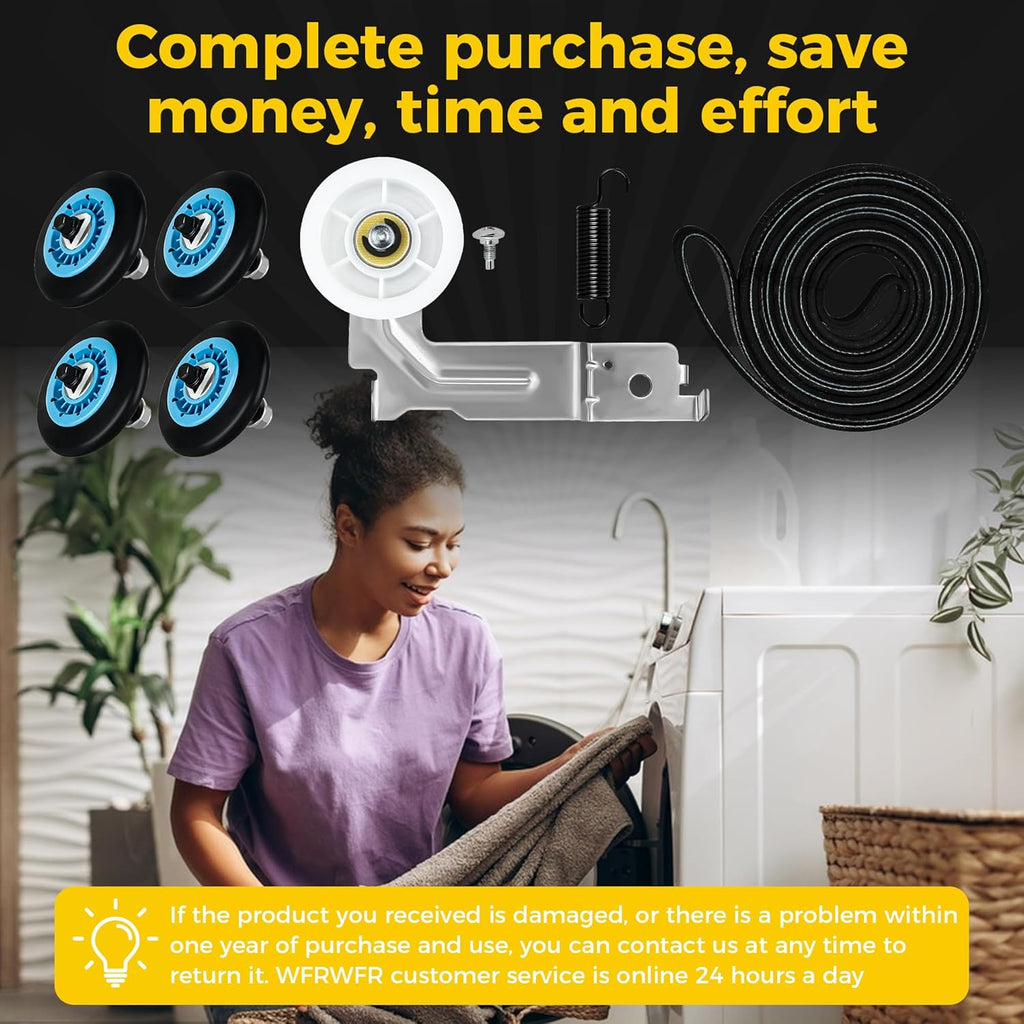 UPGRADED For Sam-Sung Dryer Repair Kit includes DC97-16782A Dryer Roller, DC93-00634A Idler Pulley, 6602-001655 Belt Replacement for Samsung Dryer dv42h5000ew/a3 By WFRWFR 7,8,9 Fit Model