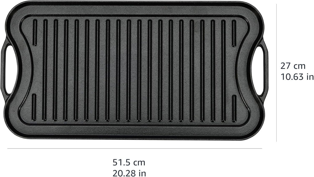 Amazon Basics Pre-Seasoned Cast Iron Reversible Rectangular Grill/Griddle with Even Heat Distribution, Black, 20 x 10.63 x 0.98 inch