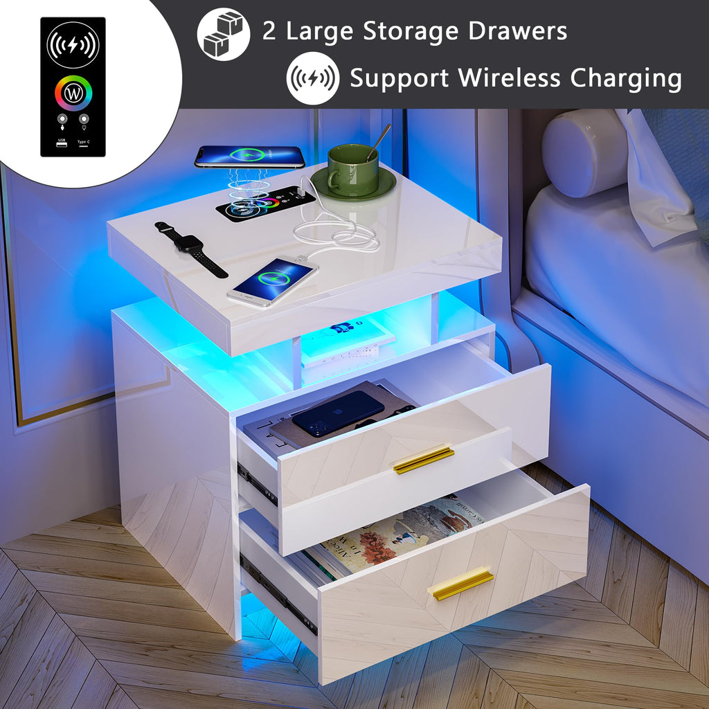 HNEBC LED Nightstand with Charging Station,Smart Bedside Table with Motion Sensor Lights,3 Drawers,Tempered Glass Top,High Gloss End Table with 3 Color Lights for Bedroom, Living Room,Office-Black
