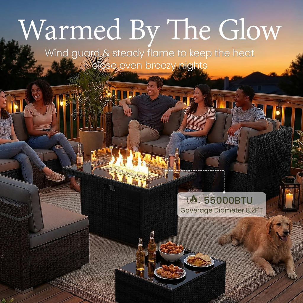 LayinSun 7 Pieces Outdoor Patio Furniture Set with 44" Fire Pit Table Rattan Sectional Sofa Conversation Sets