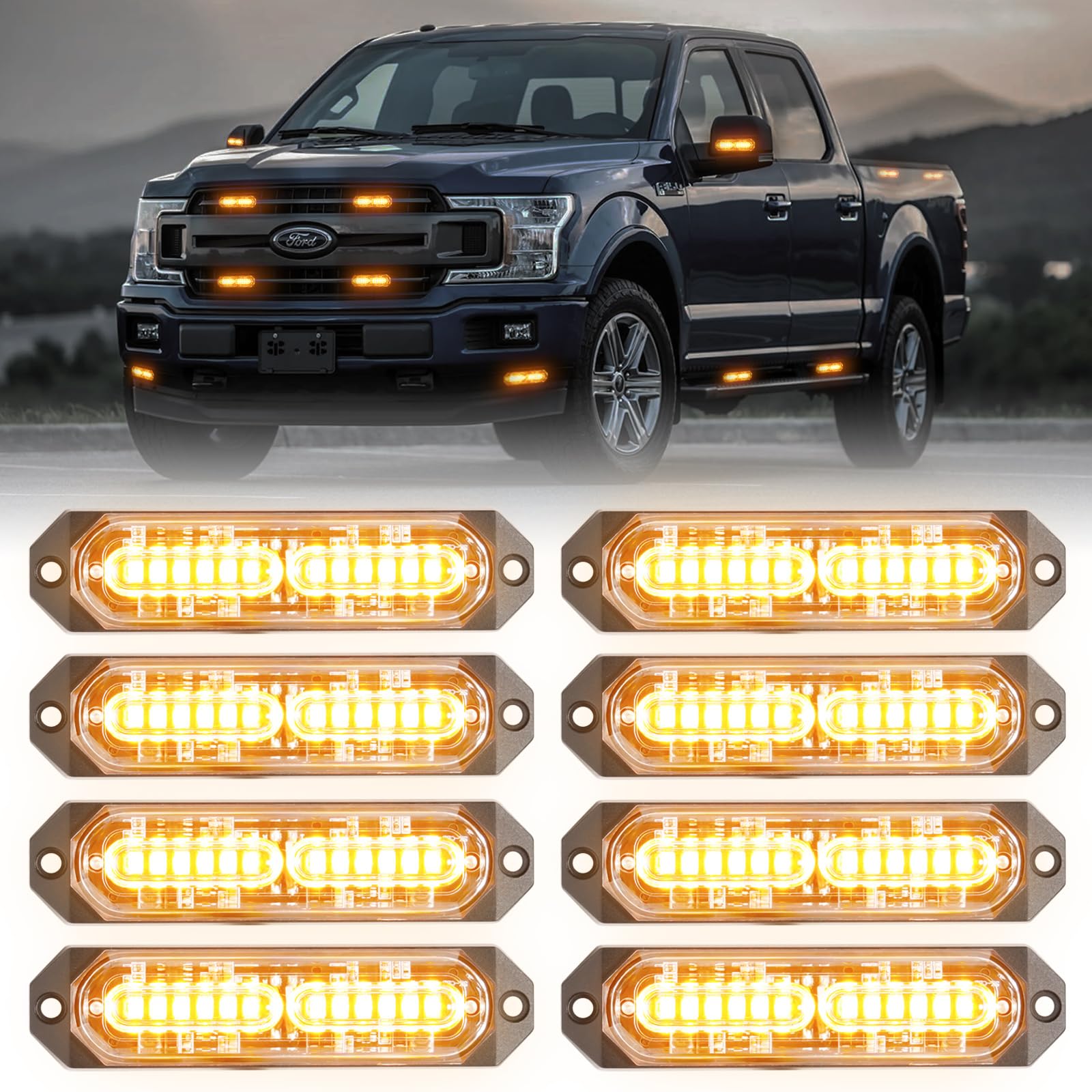 8-Pcs 12 LED Sync Feature Emergency Strobe Grille Lights Ultra Slim Surface Mount Hazard Warning Flashing Light Bar for Firefighter/Construction/Police/Trucks/Vehicles/Car/SUV (Amber/White)