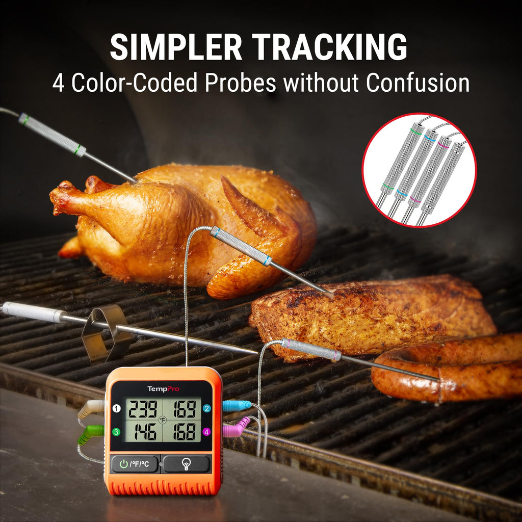 TempPro TP829 1000ft Wireless Meat Thermometer Digital for Grilling and Smoking, 4 Meat Probes Grill Thermometer for Outside Grill, Thermometer Cooking Gift for Dad Him Husband (Previously ThermoPro)