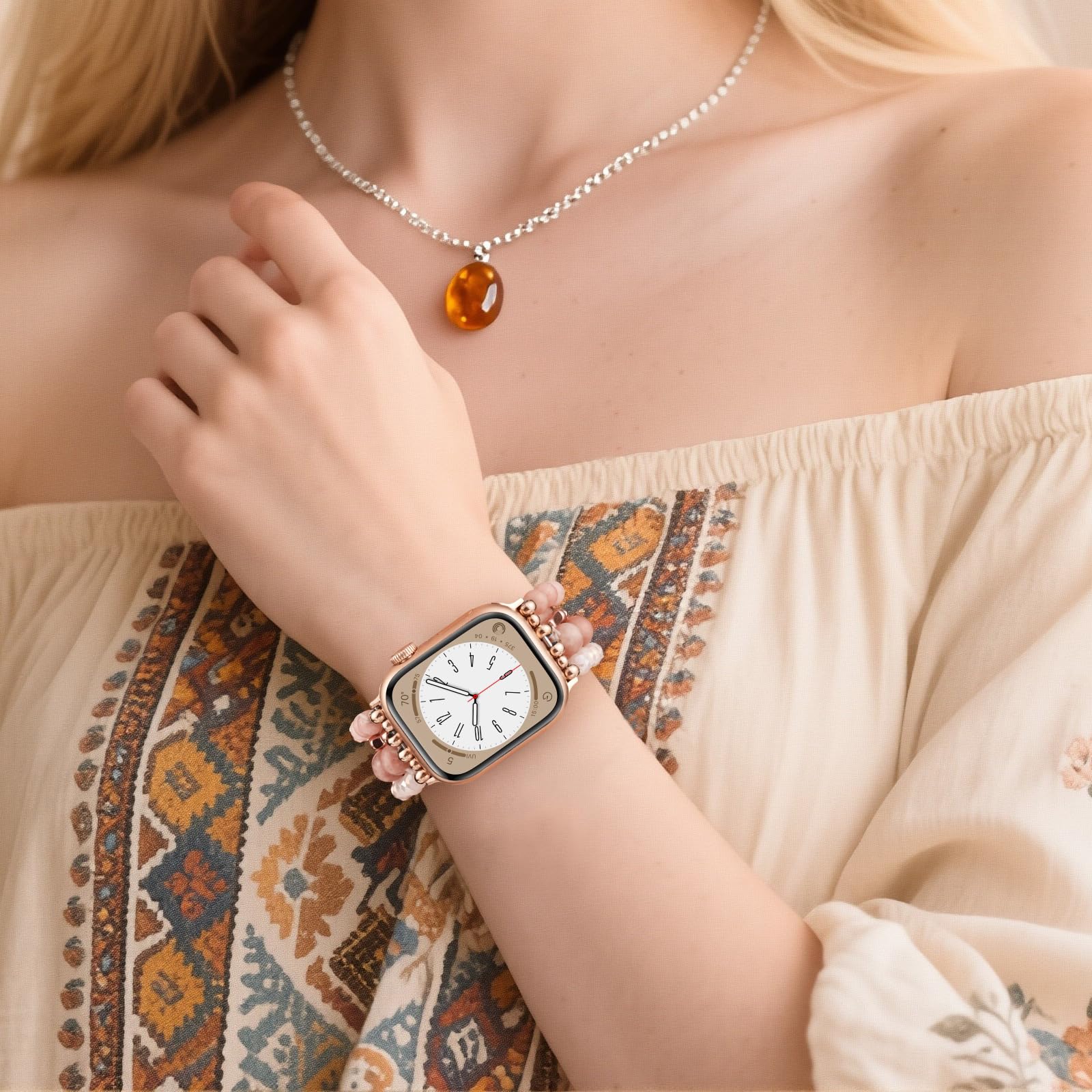 VISOOM Beaded Boho Bracelet Compatible for Apple Watch Band 40mm/38mm/41mm/42mm Series 11 10 9 8 7 SE Series 6/5/4 Women Fashion Cute Handmade Crystal Beads Stretchy Watch Strap for iWatch Bands 3/2/1