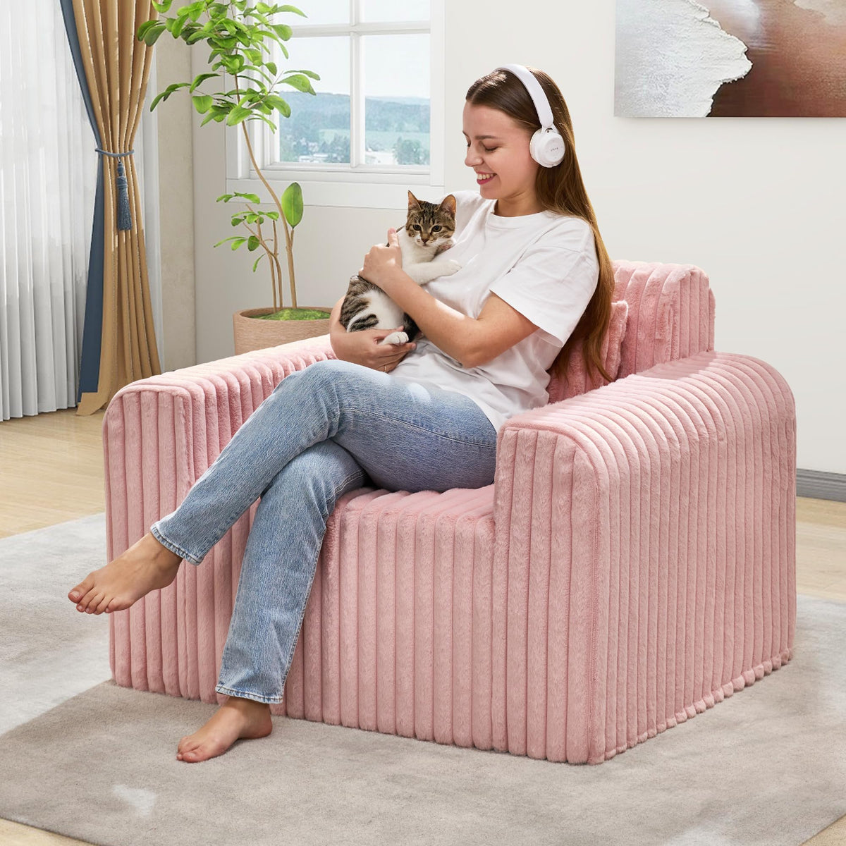 Hobestluk Single Sofa Foam Couch Sofa for Small Spaces Comfy Sofas with Removable Cover Furry Couch with Pillows for Living Room, Bedroom, Apartment, Office (Black, Standard)