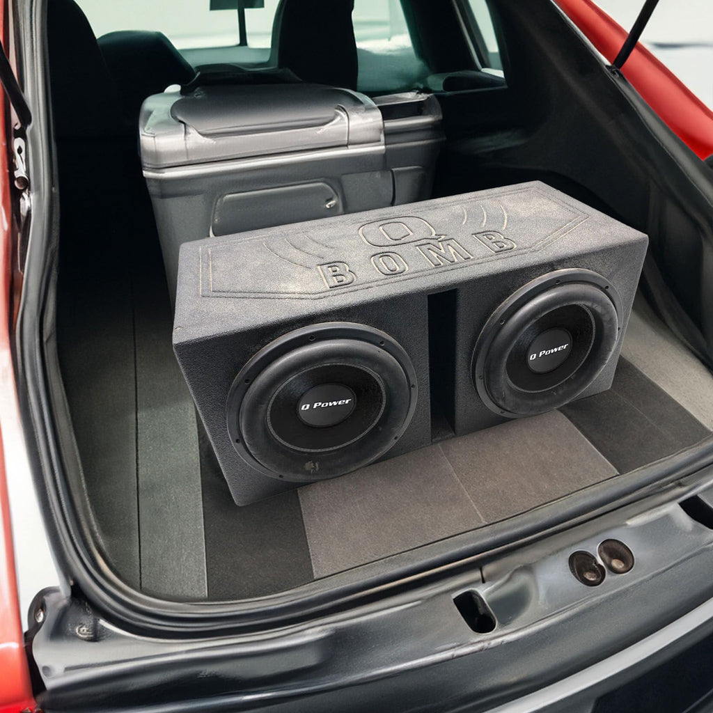 QPower 12 Inch Dual Subwoofer Box, High-Performance Vented Speaker Enclosure, Black - Car Audio and Sound System Accessories - Portable Equipment for Subwoofers