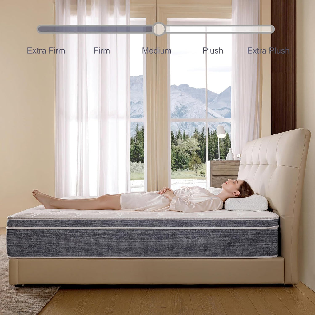 Acochey 10 Inch Queen Mattress Memory Foam and Spring Hybrid Mattresses,Medium Firm Feel Grey Mattress in a Box,Quality Comfort and Adaptive Support Breathable Cooling