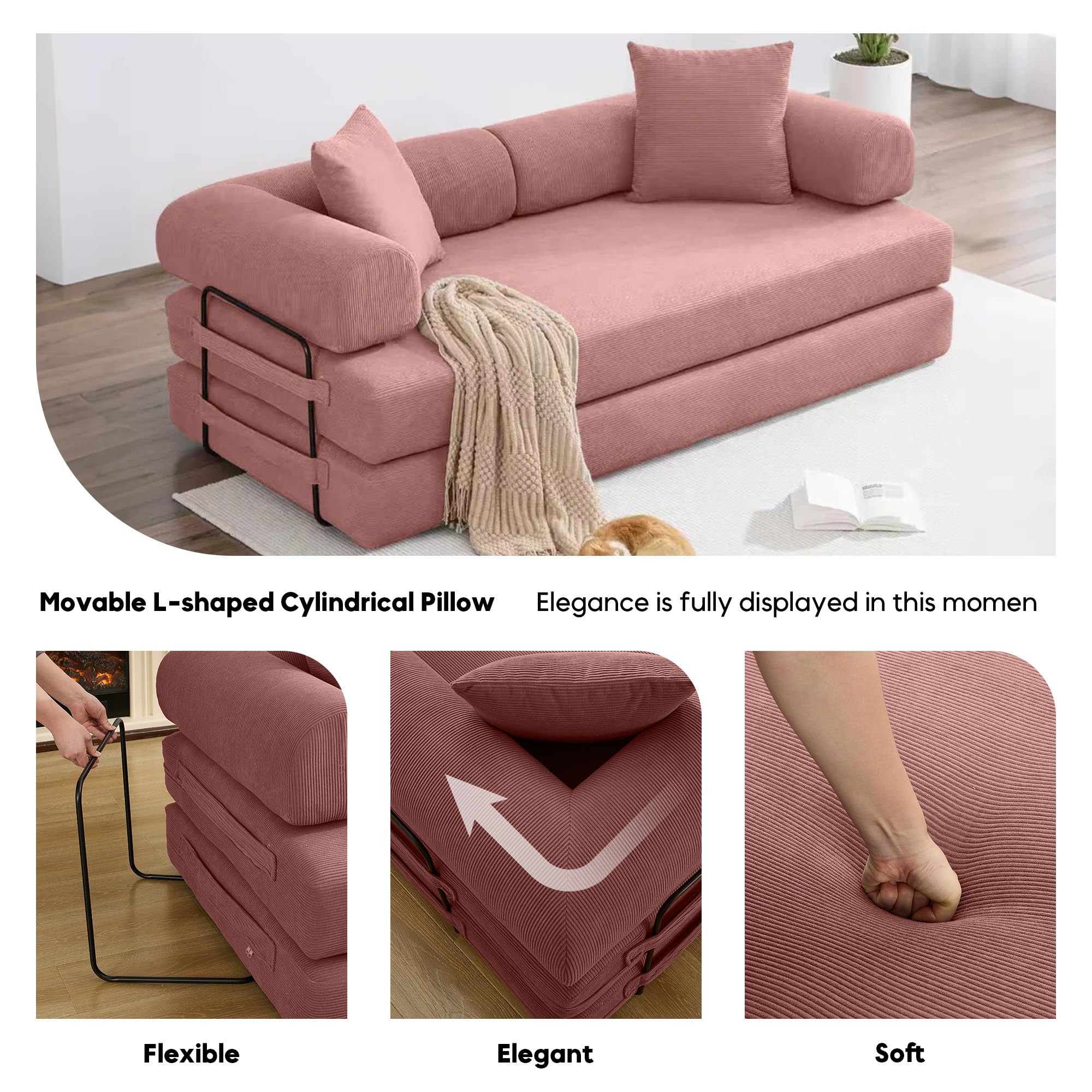 ZEIINPA 59“ Convertible Floor Sofa Bed, 5-in-1 Futon Sofa Bed Pull Out Sleeper Couch, Modern Corduroy Compressed Loveseat, Modular Boneless Couches for Living Room, No Assembly Required, Beige