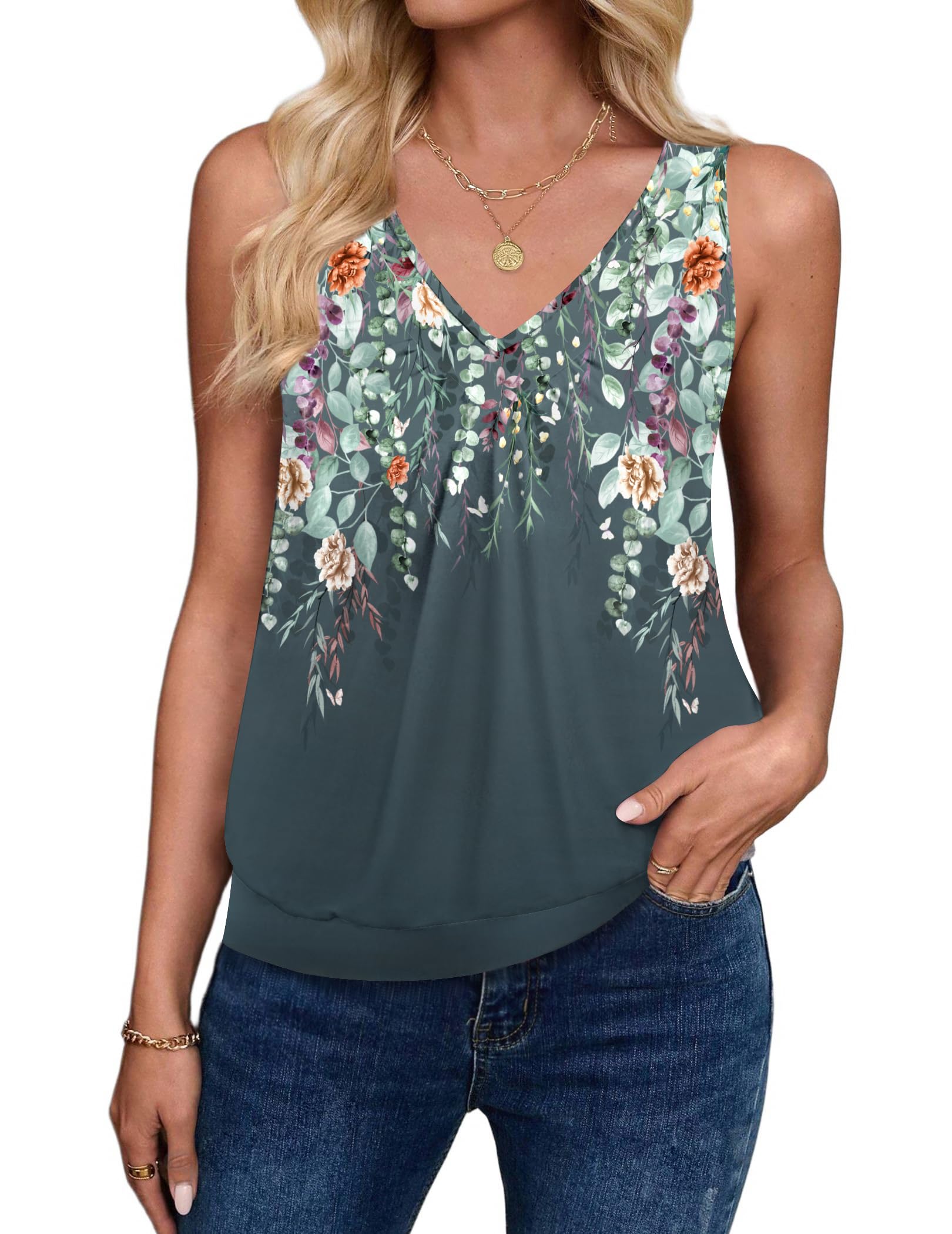 Zeagoo Womens Tank Tops Loose Fit V Neck Ruched Sleeveless Tops Casual Basic Banded Shirts S-XXL