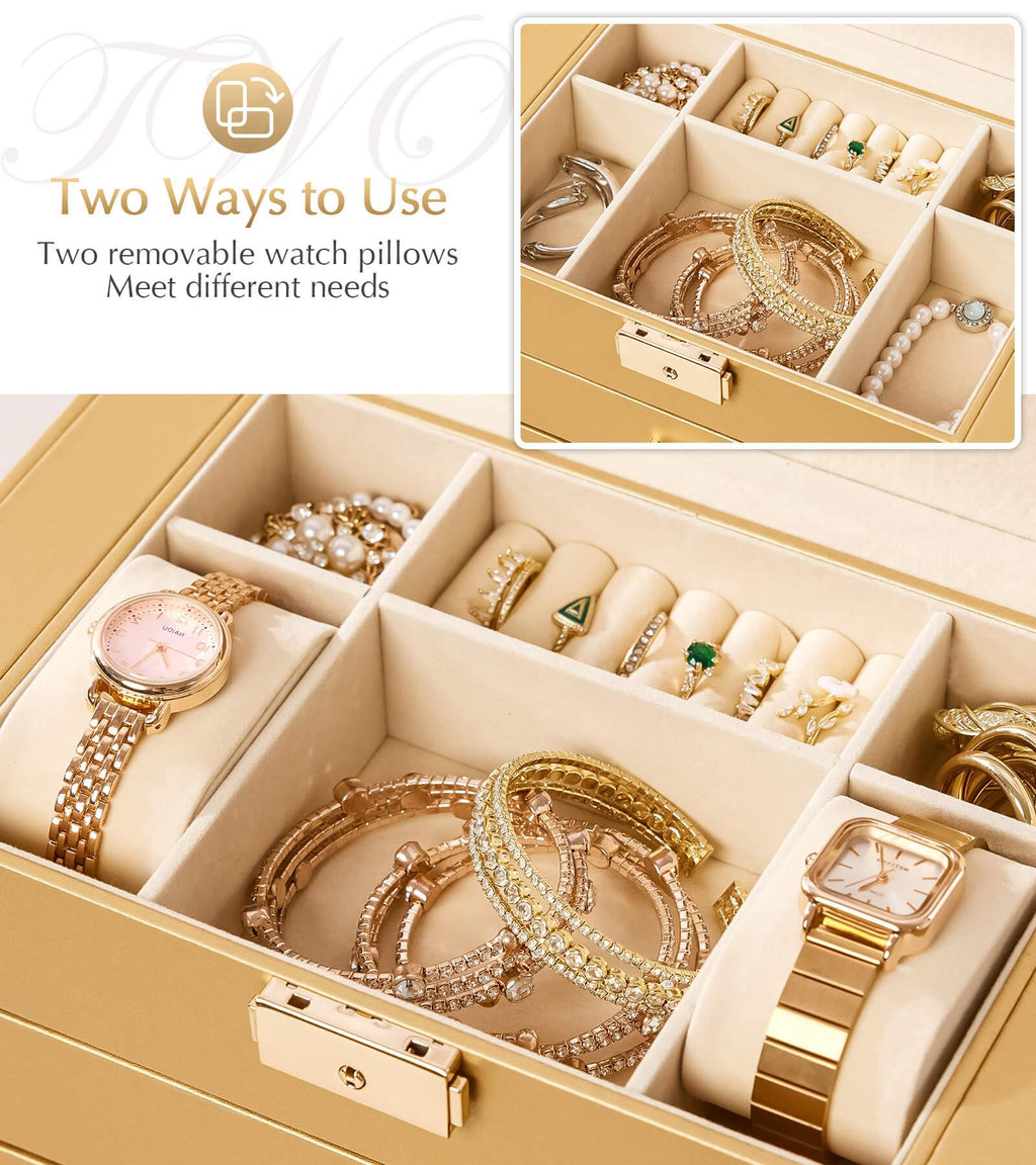 Homde Mothers Day Gifts Synthetic Leather Huge Jewelry Box Mirrored Watch Organizer Necklace Ring Earring Storage Lockable Gift Case (Black + Gold)