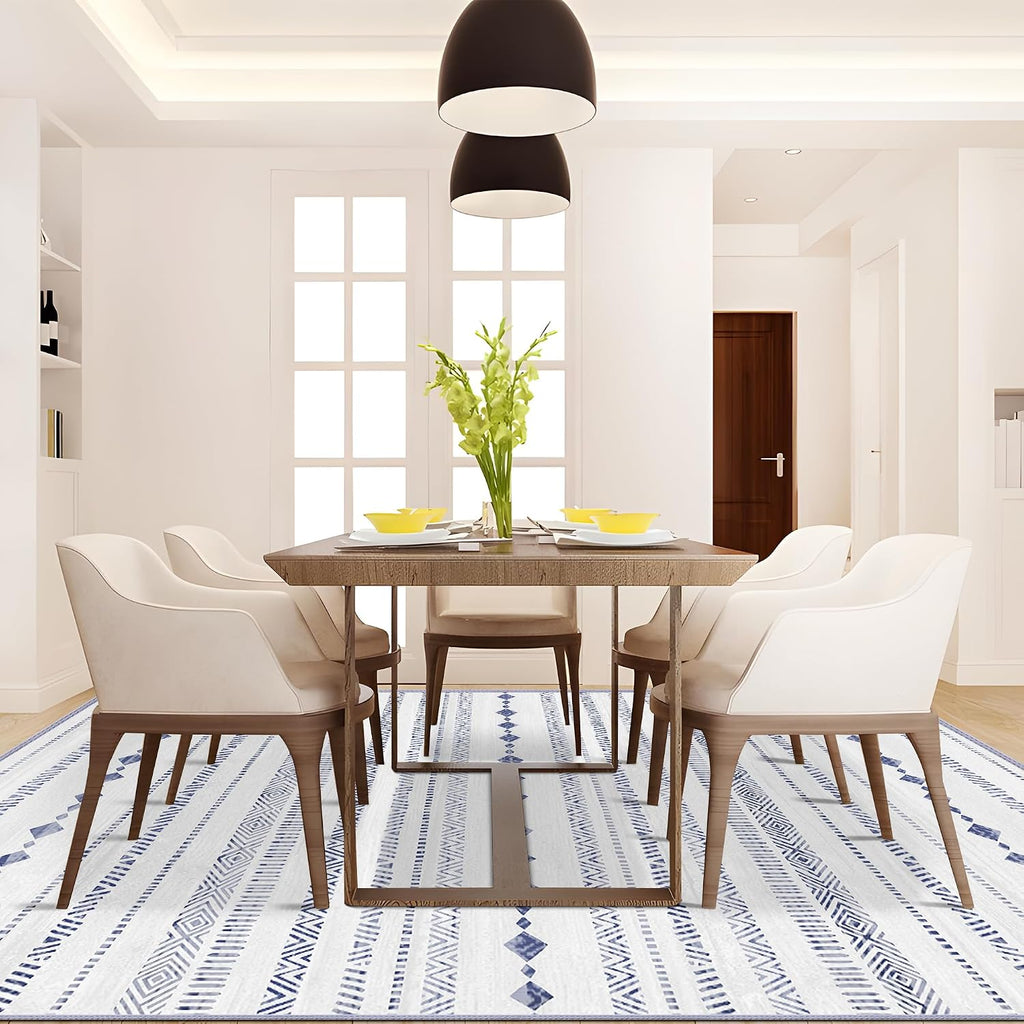 Washable Rug 6x9 Area Rugs: 6x9 Rug Moroccan Soft Geometric Machine Washable Rug Non-Slip, Low Pile Indoor Floor Neutral Carpet Large Rugs for Living Room, Bedroom, Under Dining Table- Blue/Grey