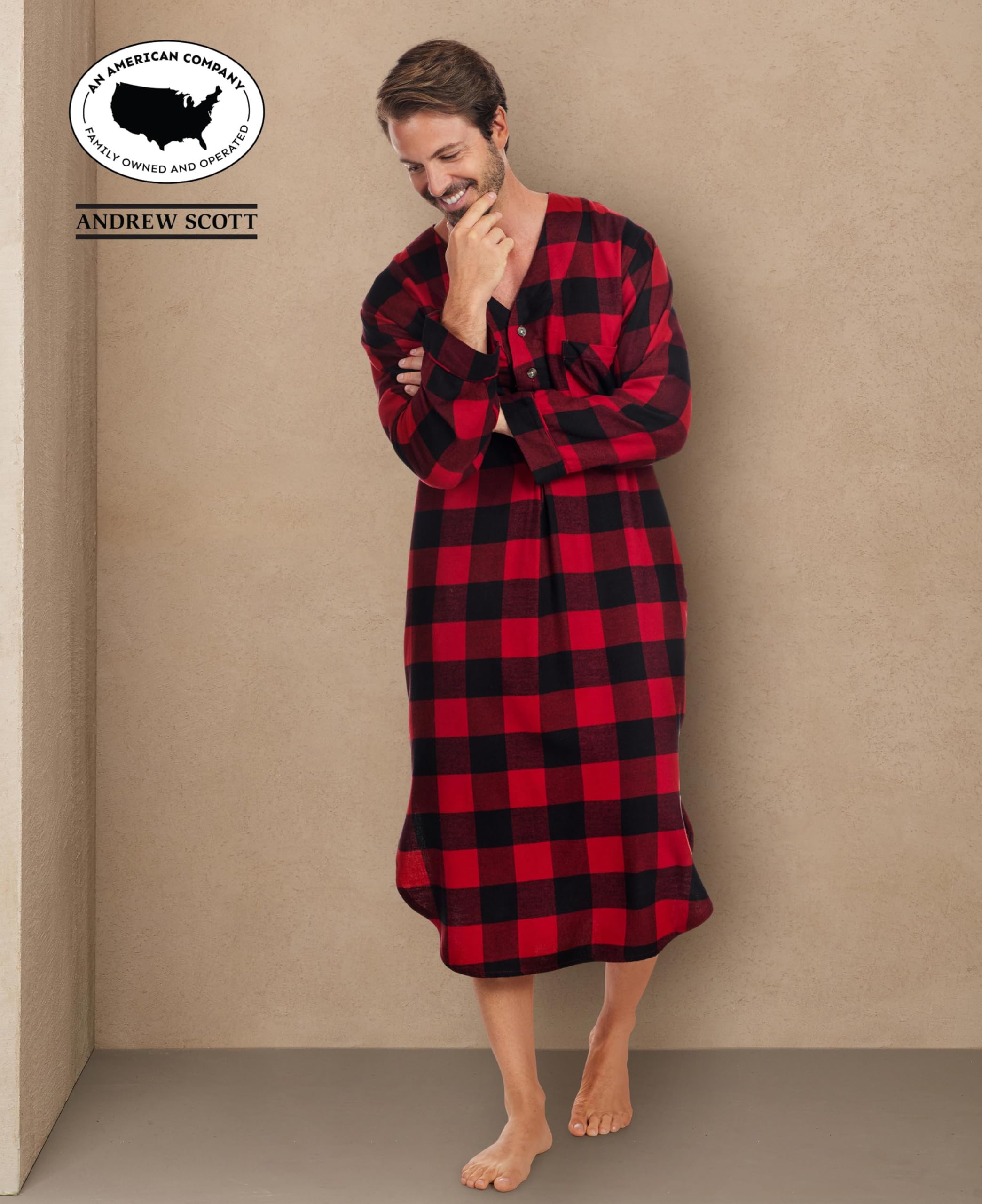 Andrew Scott Men's 2 Pack Lightweight Cotton Flannel Sleep Shirt, Long Henley Nightshirt Pajamas
