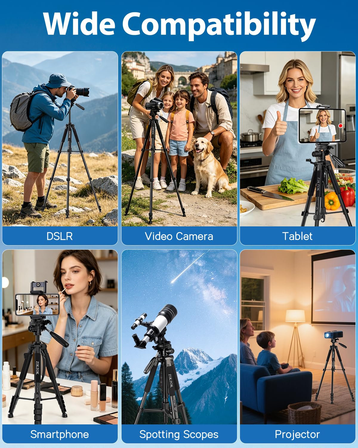 75" Camera Tripod, Aluminum Heavy Duty Camera Stand for ipad Phone, Travel Tripod with/Carry Bag/Phone Tablet Holder, Compatible with Canon Nikon Sony DSLR, Spotting Scopes, Max Load 15 Lb(Black)