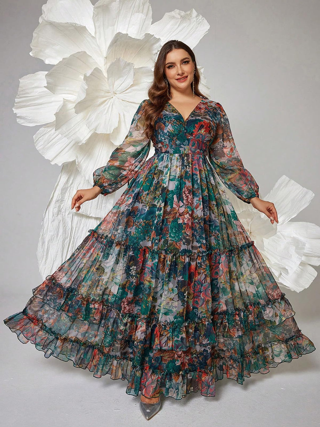 Spring Summer 2024 Plus Size Womens Dresses V Neck Casual Elegant Long Sleeve Floral Print Maxi Dress