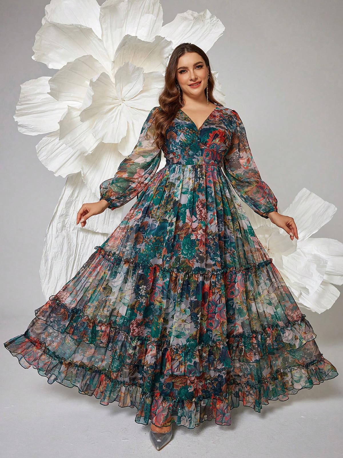 Spring Summer 2024 Plus Size Womens Dresses V Neck Casual Elegant Long Sleeve Floral Print Maxi Dress