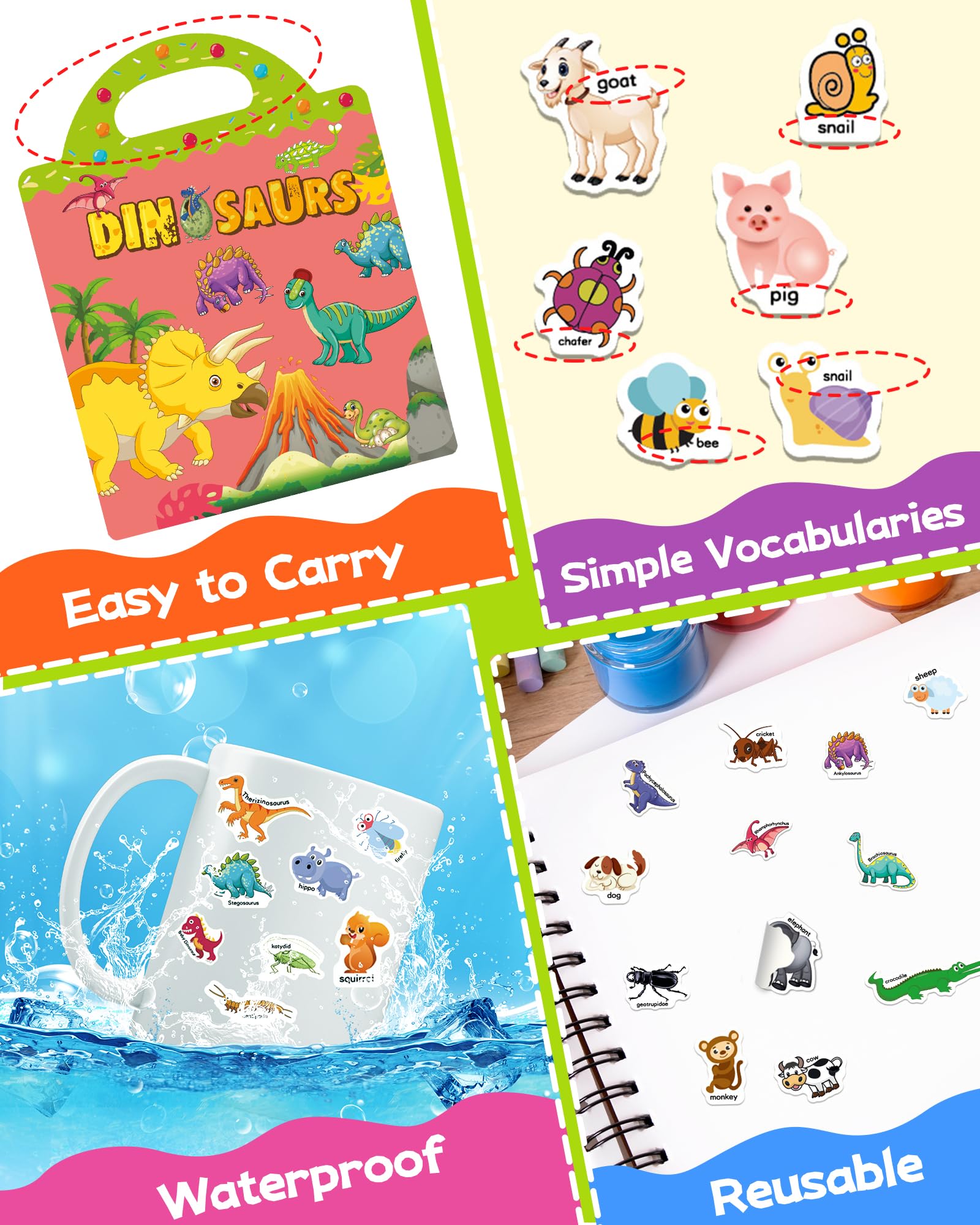 Benresive Reusable Sticker Book for Toddlers, Stickers for Kids, Travel Toys for Arts & Crafts Activities, Birthday Gift for Boys & Girls, Animals Dinosaurs Insects Themes