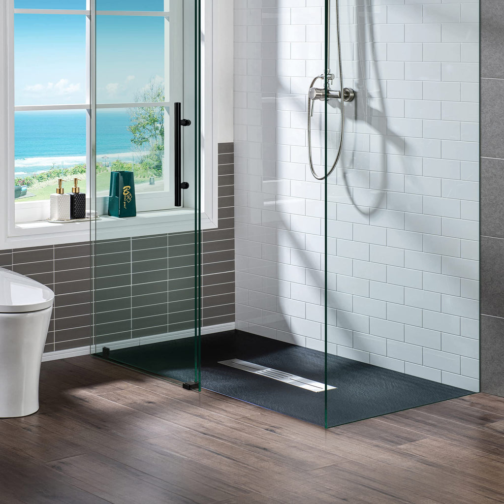 WOODBRIDGE 47.25 in L x 31.5 in W Zero Threshold Shower Base with Center Drain, Decorative Drain Plate, Tile Flange, Wheelchair Access, Low Profile, Black