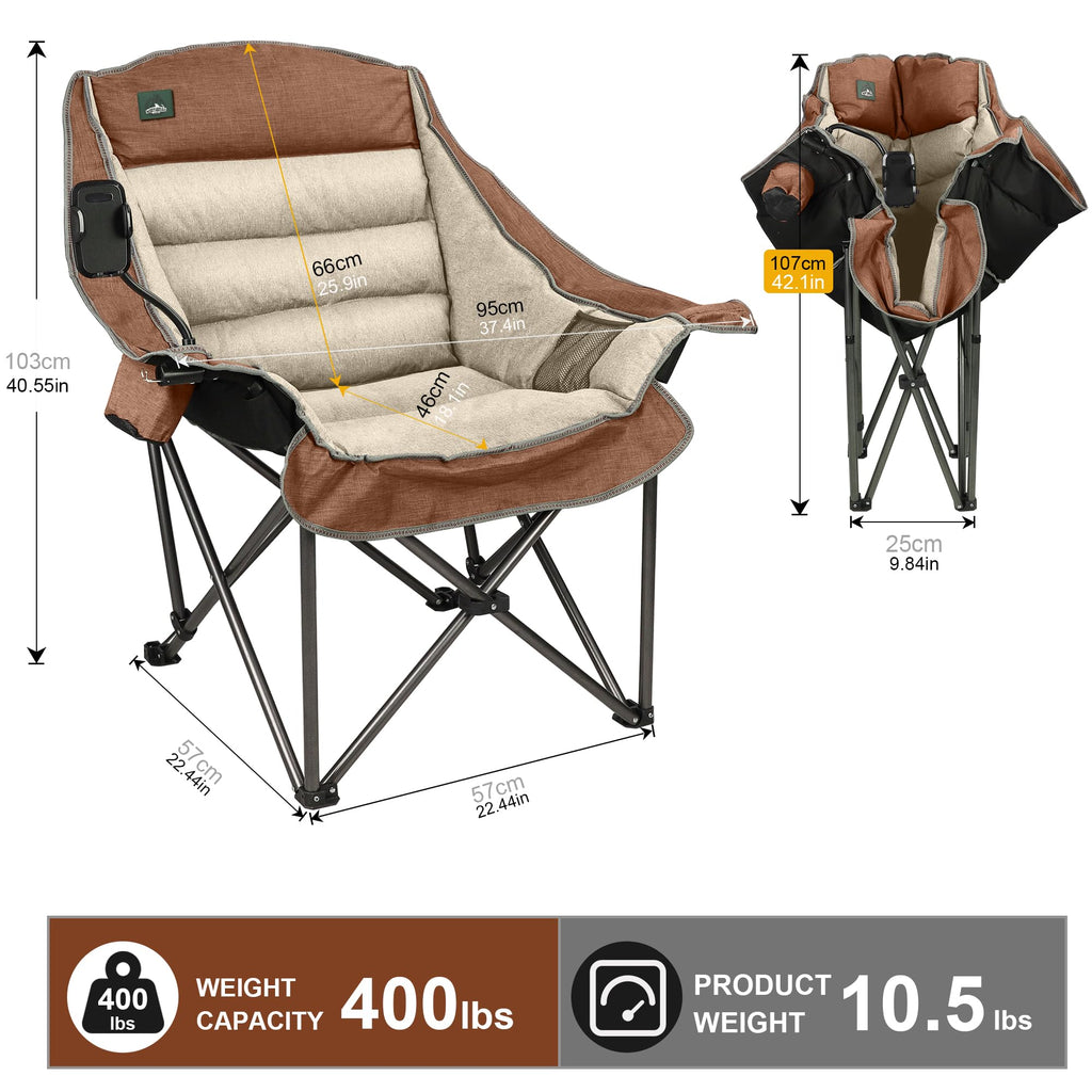 Northroad Oversized XL Padded Camping Chair w/Cell Phone Holder, Large Camp Chair, Foldable Lawn Chair w/Cup Holder,Carry Bag for Outdoor Hiking, Picnics, Heavy-Duty 400-lbs Capacity, Moca