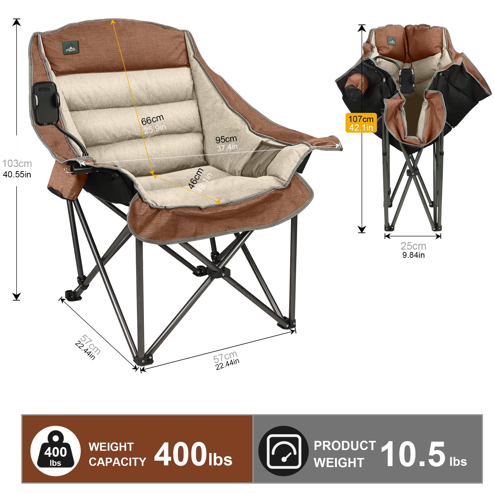 Northroad Oversized XL Padded Camping Chair w/Cell Phone Holder, Large Camp Chair, Foldable Lawn Chair w/Cup Holder,Carry Bag for Outdoor Hiking, Picnics, Heavy-Duty 400-lbs Capacity, Moca