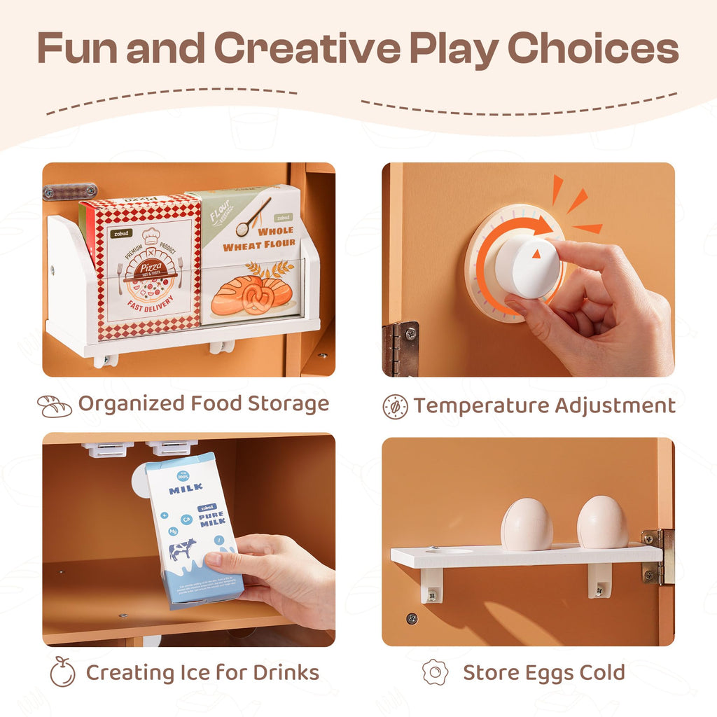 ROBUD Wooden Play Kitchen Fridge, Toy Kitchen Refrigerator, Kids Fridge Freezer Set with Ice Maker, Kitchen Playset Gift for Kids & Toddlers, Age 3+ (Caramel)
