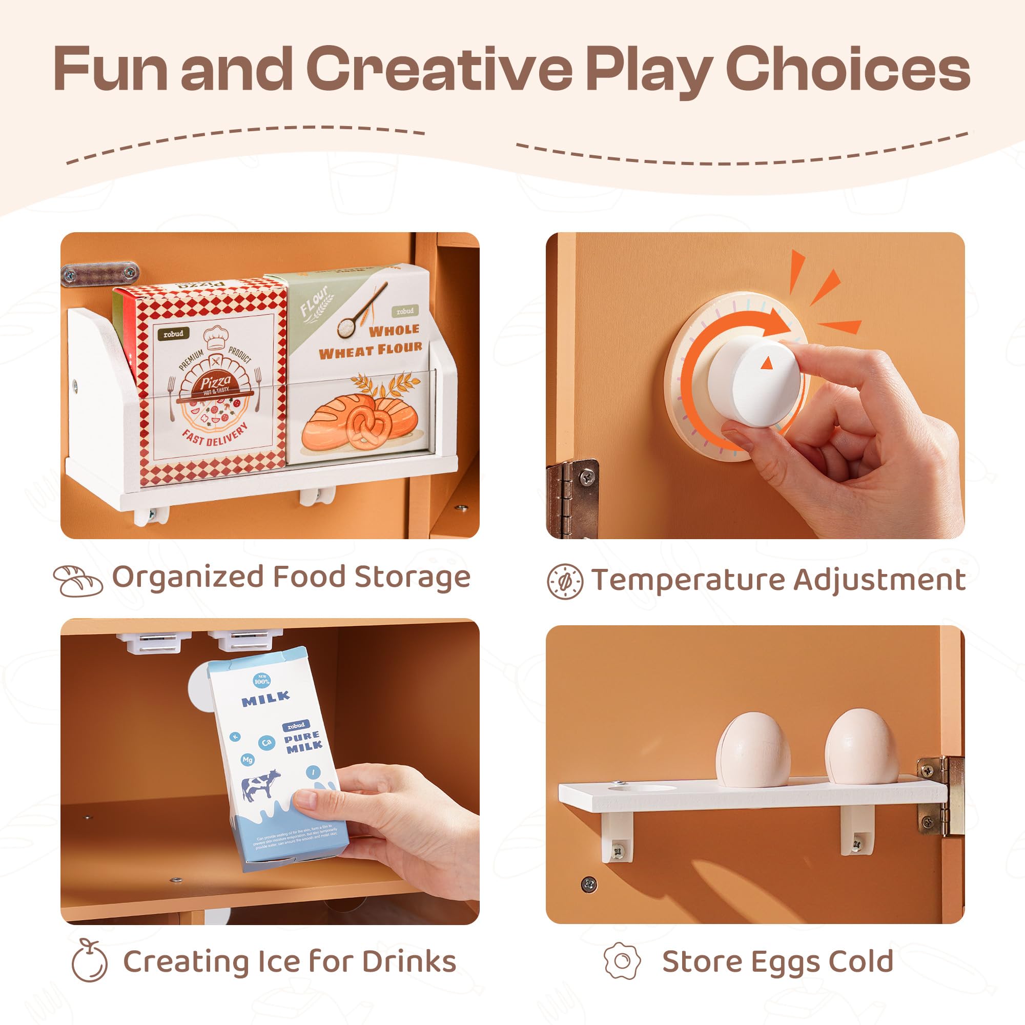 ROBUD Wooden Play Kitchen Fridge, Toy Kitchen Refrigerator, Kids Fridge Freezer Set with Ice Maker, Kitchen Playset Gift for Kids & Toddlers, Age 3+ (Caramel)