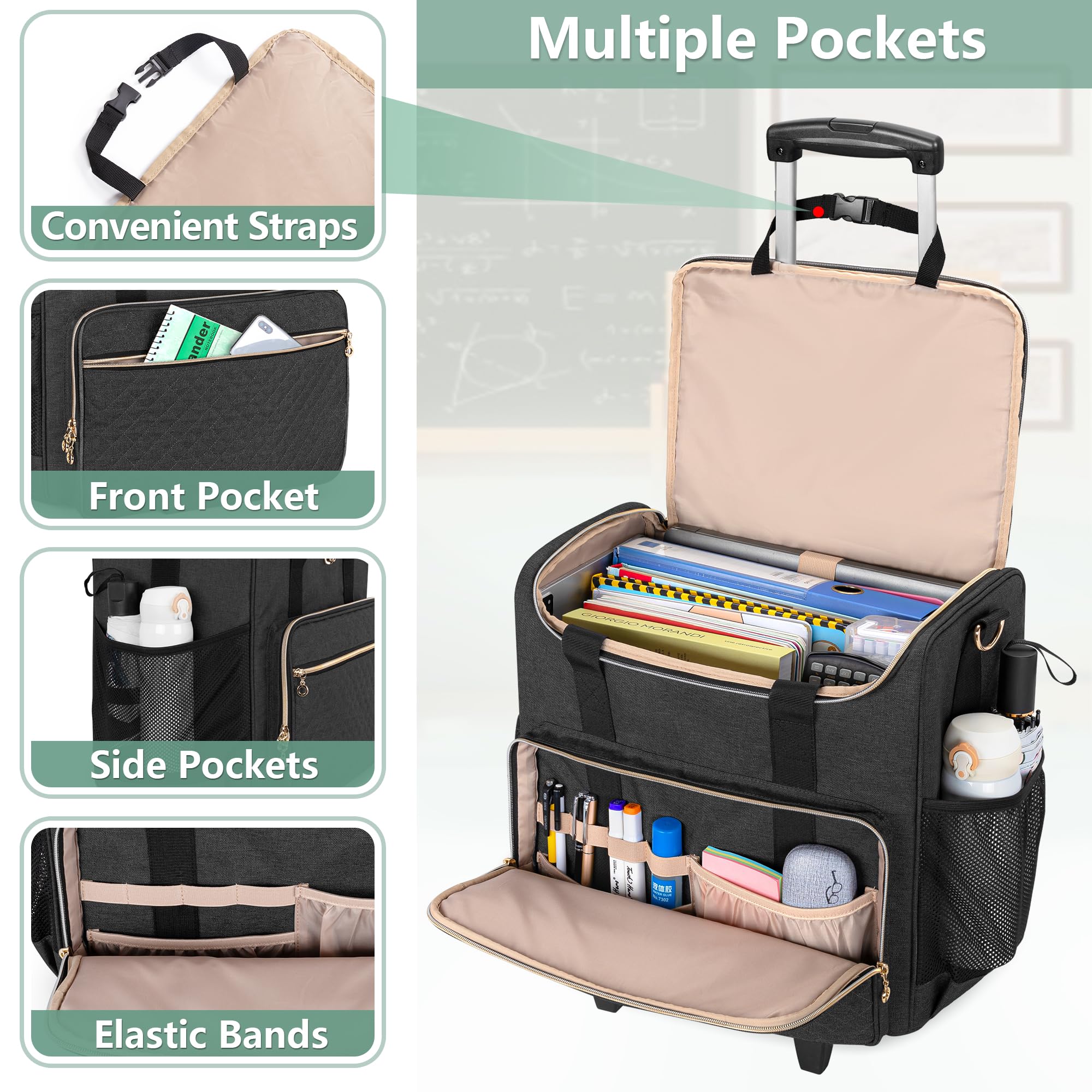 LUXJA Rolling Teacher Bag with Laptop Compartment and Detachable Dolly, Multifunctional Rolling Teacher Tote Bag (Patent Pending), Black