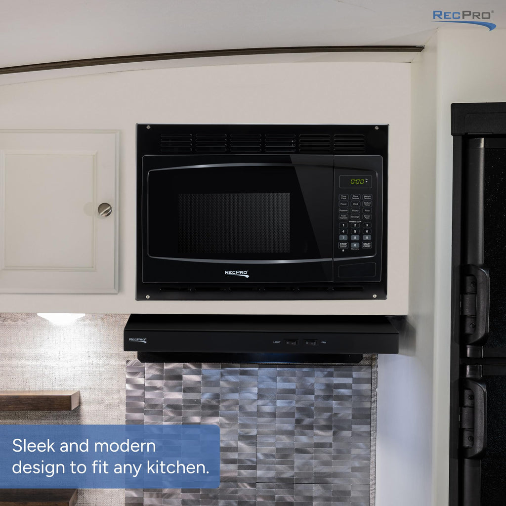RecPro RV Microwave with Trim Kit | 1.0 Cu. Ft. | 900W | Direct replacement for Greystone and High Pointe (Black)