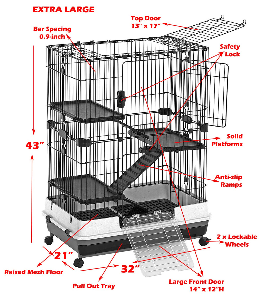 Deluxe 2-Level in/Outdoor Rabbit Hutch Cage for Ferret Squirrel Chinchilla Paw Safe Solid Platform Ramp Mesh Floor Pull Out Leakproof Easy Clean 2-Inch Deep Tray Large Access Doors Lockable Casters
