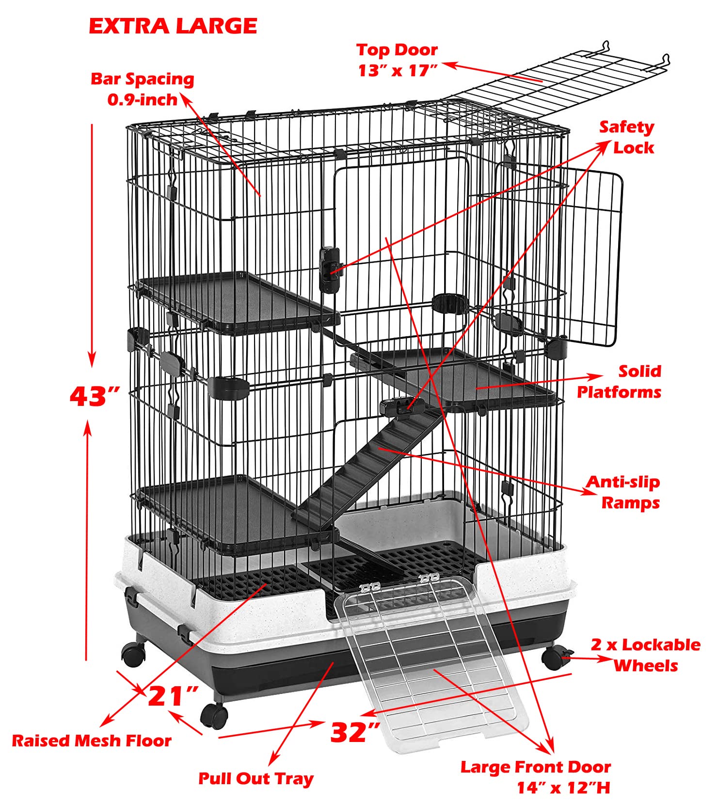 Deluxe 2-Level in/Outdoor Rabbit Hutch Cage for Ferret Squirrel Chinchilla Paw Safe Solid Platform Ramp Mesh Floor Pull Out Leakproof Easy Clean 2-Inch Deep Tray Large Access Doors Lockable Casters