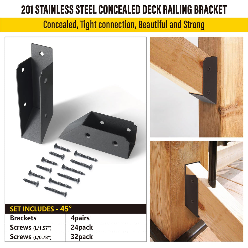 AECXM 201 Stainless Steel 2" x 4" (1 ½" x 3 ½" Actual) Deck Railing 27.5° Stair Connectors, for Deck Railing Stair Handrail Connection Installation Deck Railing Bracket (4 Pair-Black)