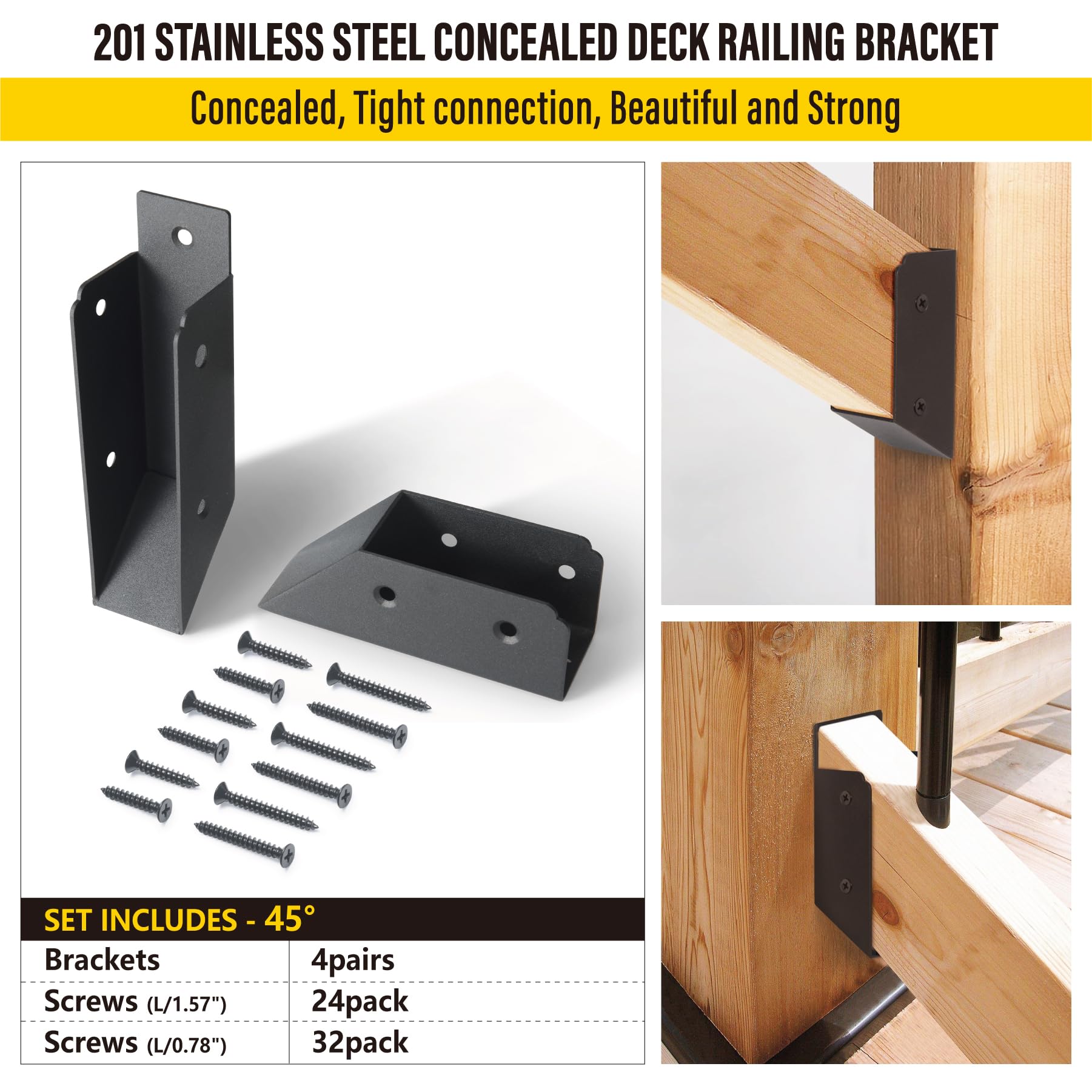 AECXM 201 Stainless Steel 2" x 4" (1 ½" x 3 ½" Actual) Deck Railing 27.5° Stair Connectors, for Deck Railing Stair Handrail Connection Installation Deck Railing Bracket (4 Pair-Black)