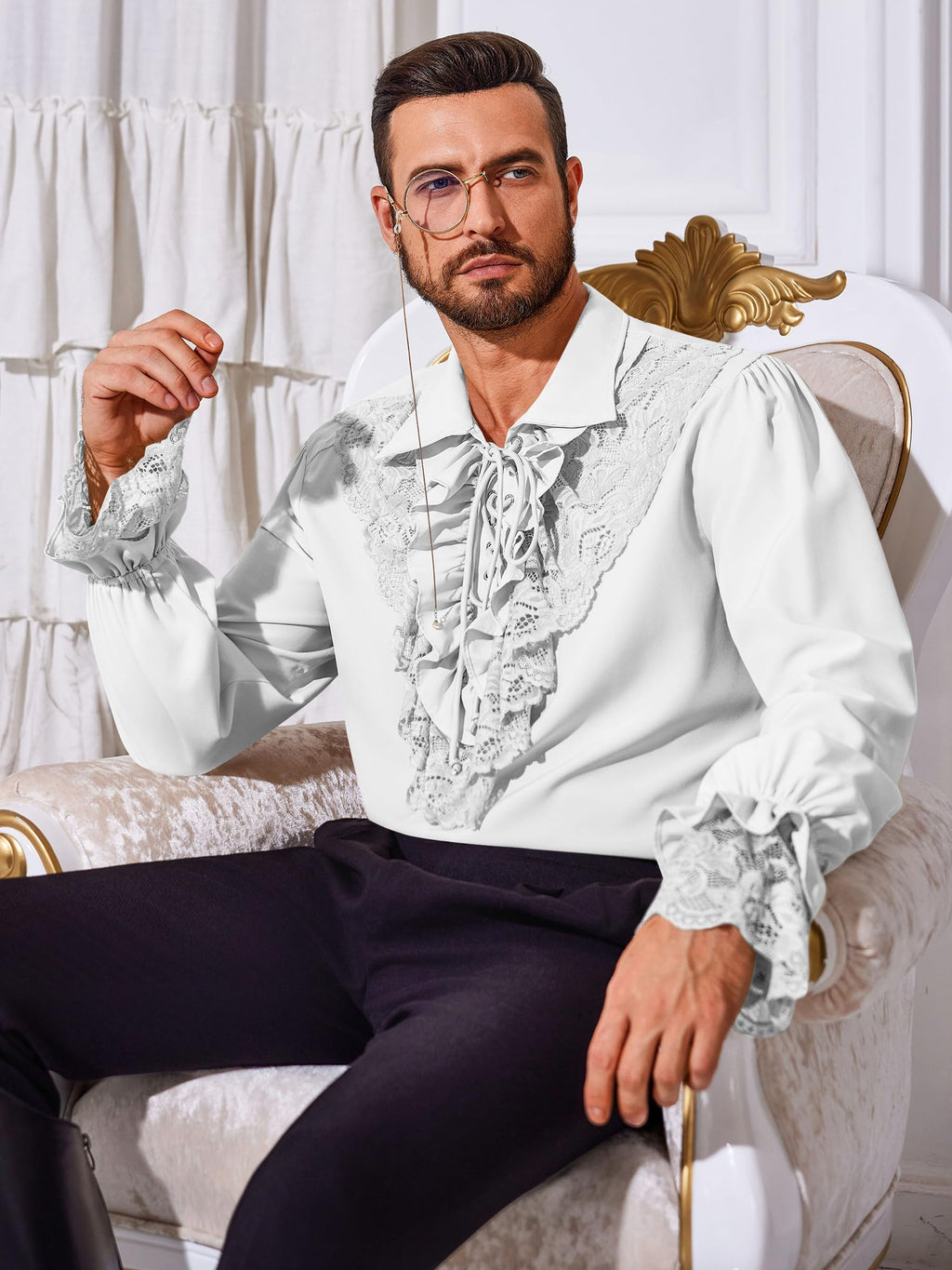 Runcati Mens Pirate Shirt Ruffle Renaissance Victorian Vampire Poet Shirts Steampunk Gothic Medieval Lace Costume