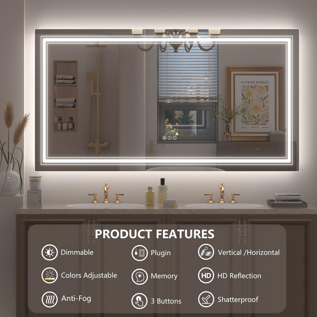 20x28 LED Bathroom Mirror, Vanity Mirror with Lights, Backlit and Front lit Mirror for Wall, Dimmable, Anti-Fog, Shatterpoof, Memory (Horizontal/Vertical)