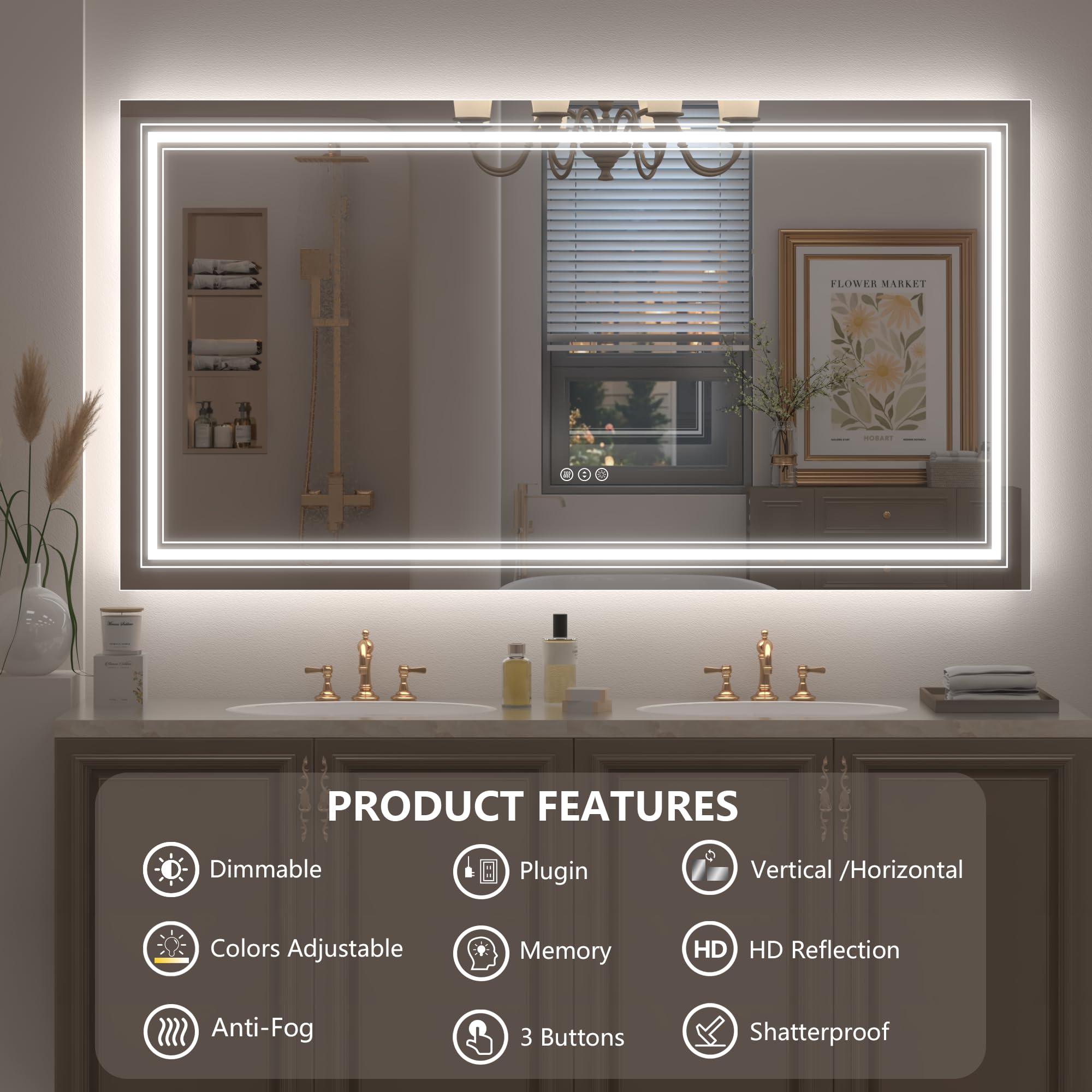 20x28 LED Bathroom Mirror, Vanity Mirror with Lights, Backlit and Front lit Mirror for Wall, Dimmable, Anti-Fog, Shatterpoof, Memory (Horizontal/Vertical)