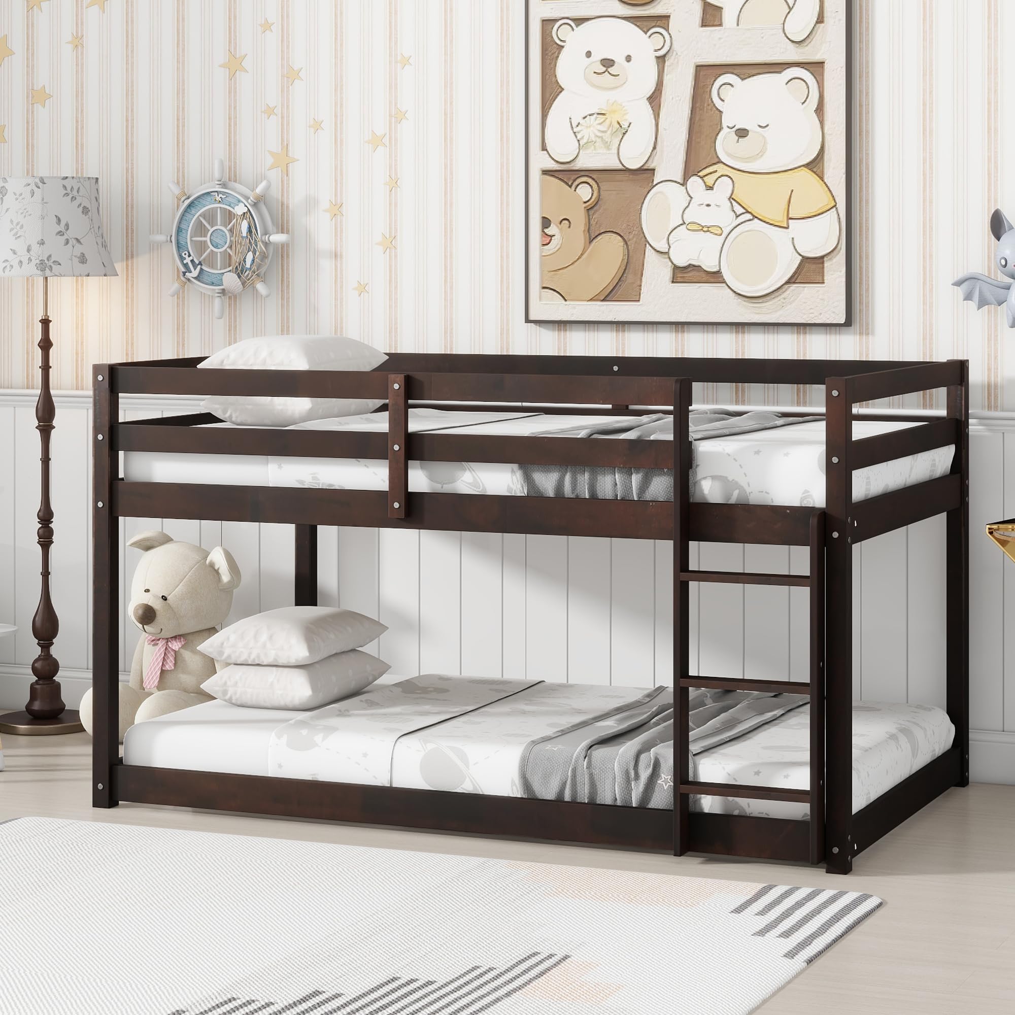 Bunk Bed Twin Over Twin, Wood Low Profile Floor Twin Bunk Beds with Headboard Ladder Guardrails for Kids Boys and Girls, No Box Spring Needed