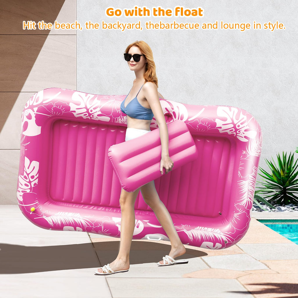Inflatable Tanning Pool Lounger Float with Sprinkler, 77" x 48" Pool Floats Adult with Pillow, 6 in 1 Suntan Tub Raft Floatie with Drink Holder Sunbathing Water Lounge