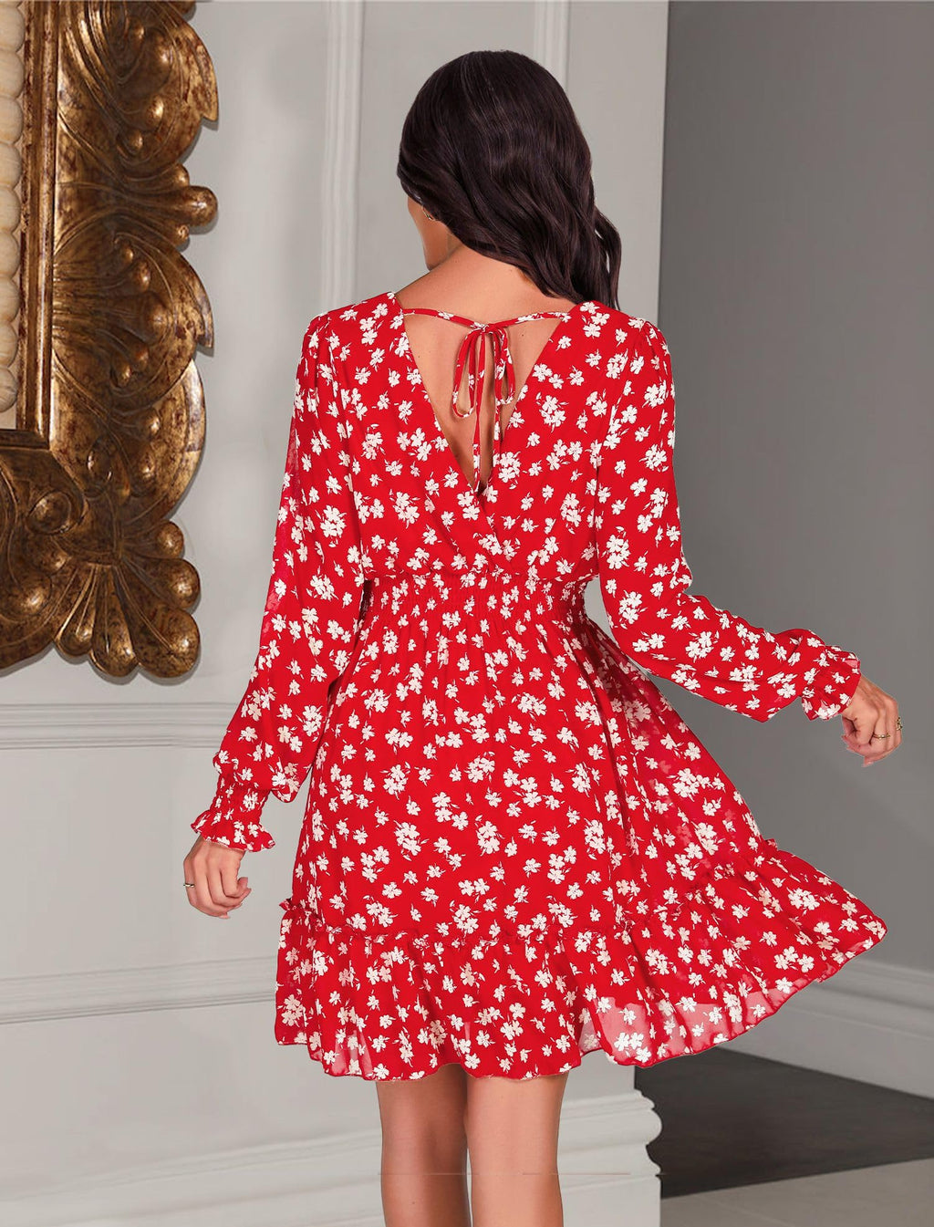 Prettywear Women's Floral Chiffon Long Sleeve Mini Dress Flowy A-Line Wrap Neck Tie Back Short Dress