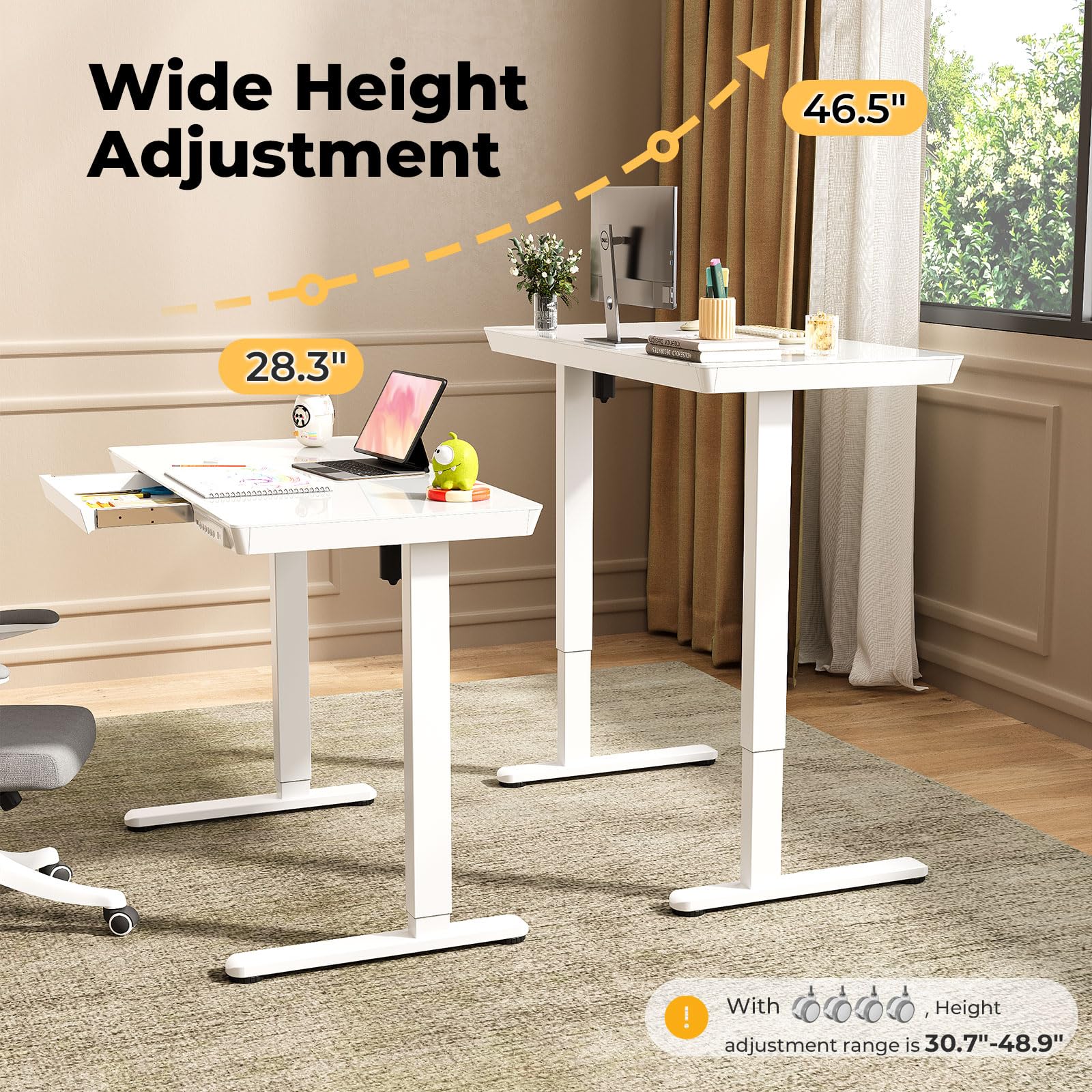 Glass Electric Standing Desk with Drawer, 35" x 20" Whole Piece Tabletop Samll Sit Stand Table, Height Adjustable Workstation with Storage & USB Ports, Quick Install Home Office Desk