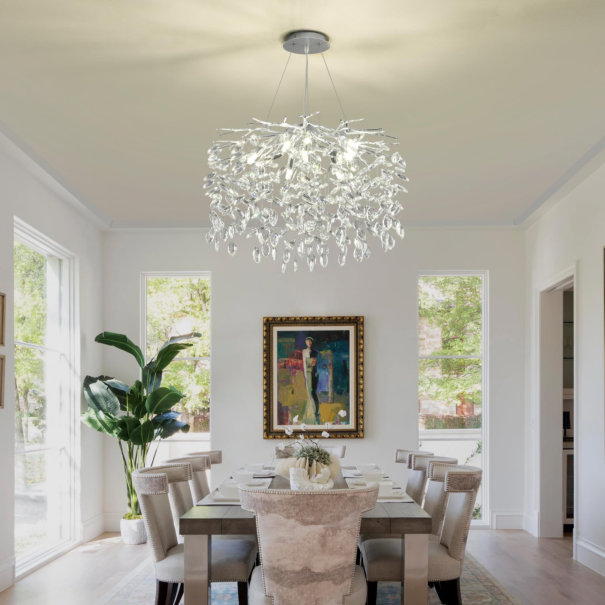 Modern Crystal Raindrop Chandelier, L40'' Black Linear Rectangle Art Deco Tree Branch Lighting Fixture for Kitchen Island Living Room Foyer Staircase 10 Lights