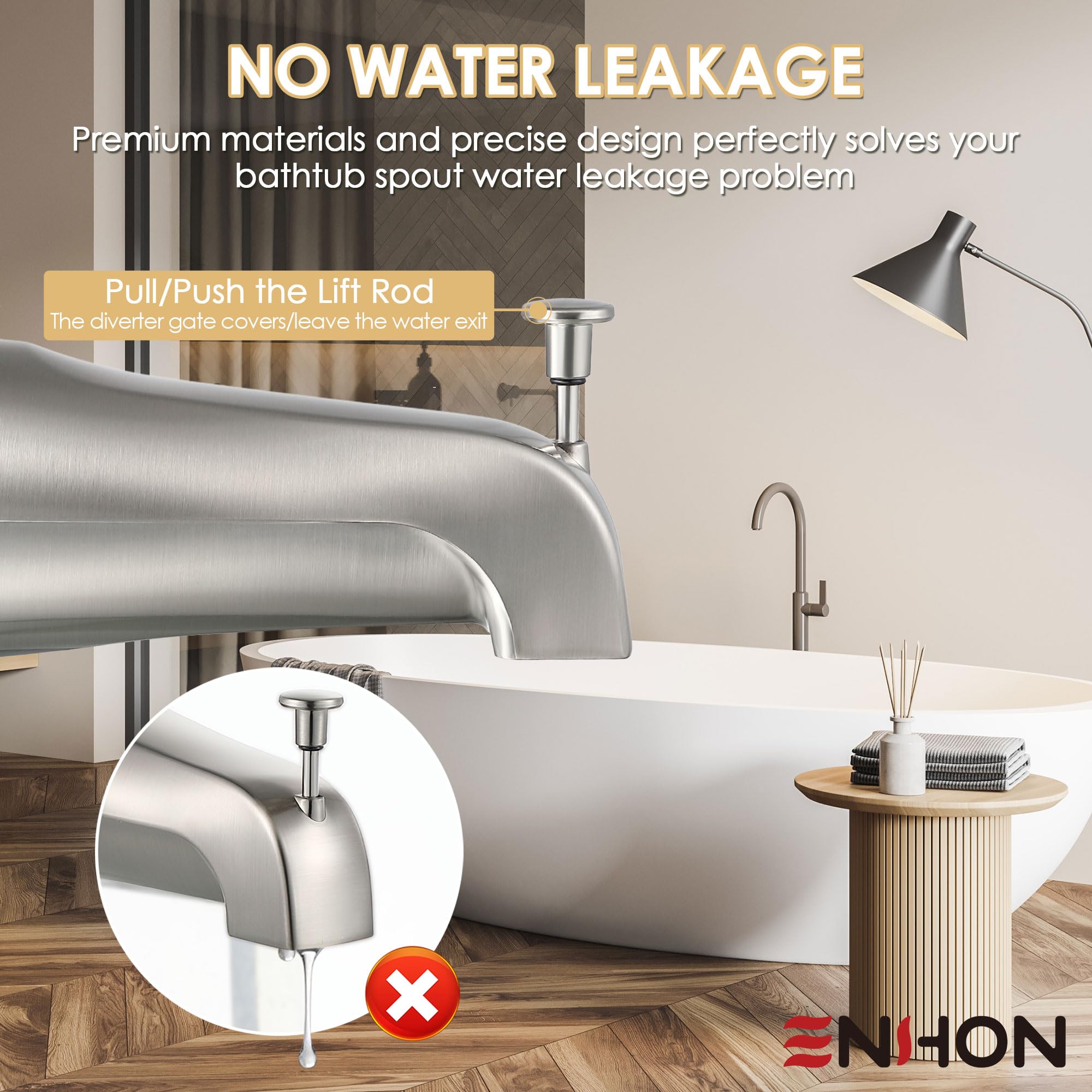 Enhon Slip on Tub Spout with Diverter, Compatible with American Standard 8888026.002 Tub Spout, Bathroom Bathtub Faucet, Fits 1/2 Copper Water Tube(5/8 Dia), 5/32 Hex Wrench(Brushed Nickel,1)