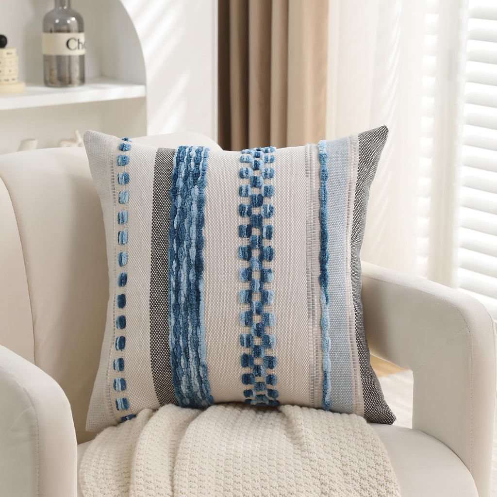 Boho Pillow Covers 18x18 Set of 2 for Couch-Modern Farmhouse Sofa Decorative Throw Pillow Covers Textured Chenille Cushion Covers Outdoor Netural Bohemian Pillow Cases Square
