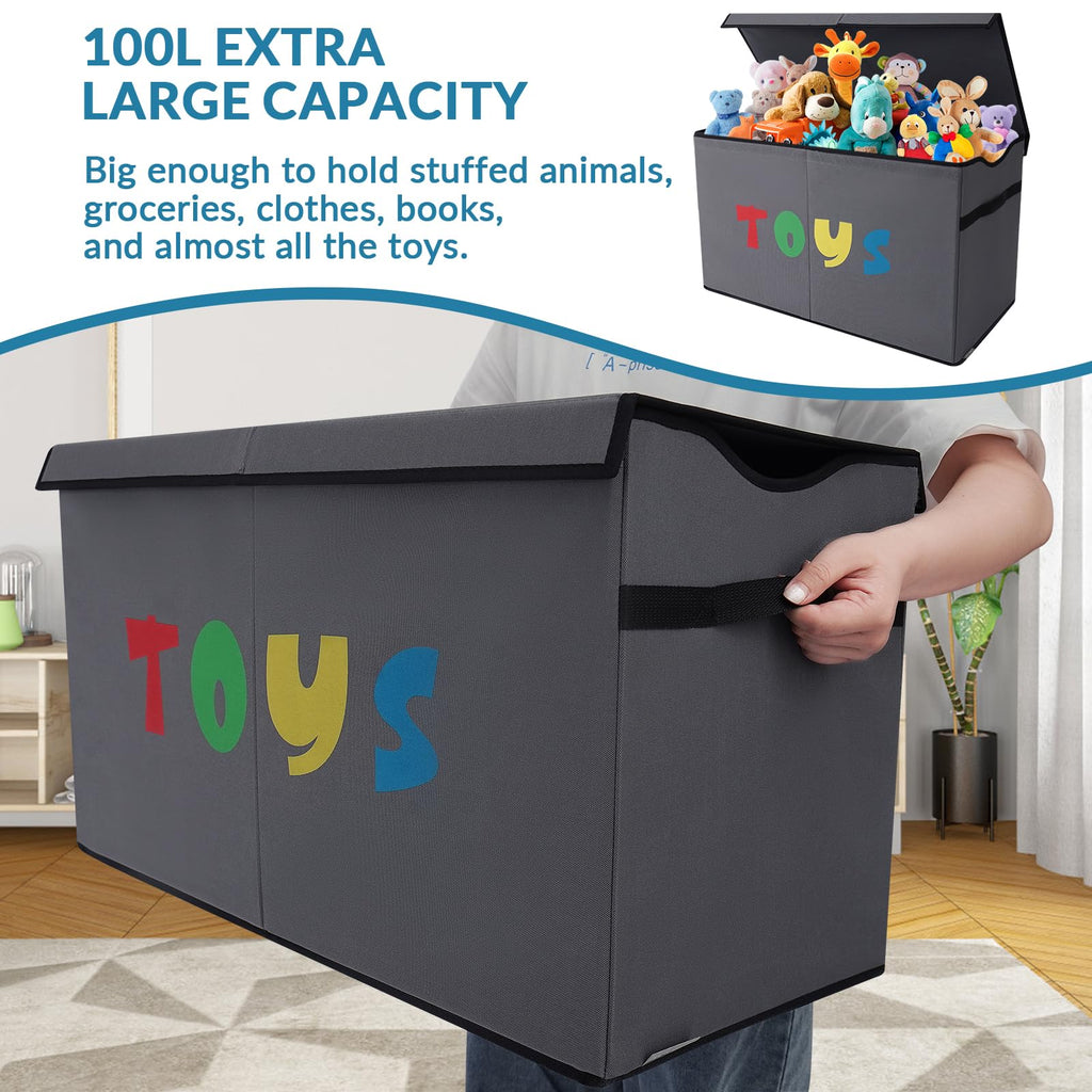 YOLOXO Toy Box Chest, Collapsible Sturdy Storage Bins with Lids, Extra Large Kids Toy Storage Organizer Boxes Bins Baskets for Kids, Boys, Girls, Nursery Room, Playroom, Closet (BLACK)