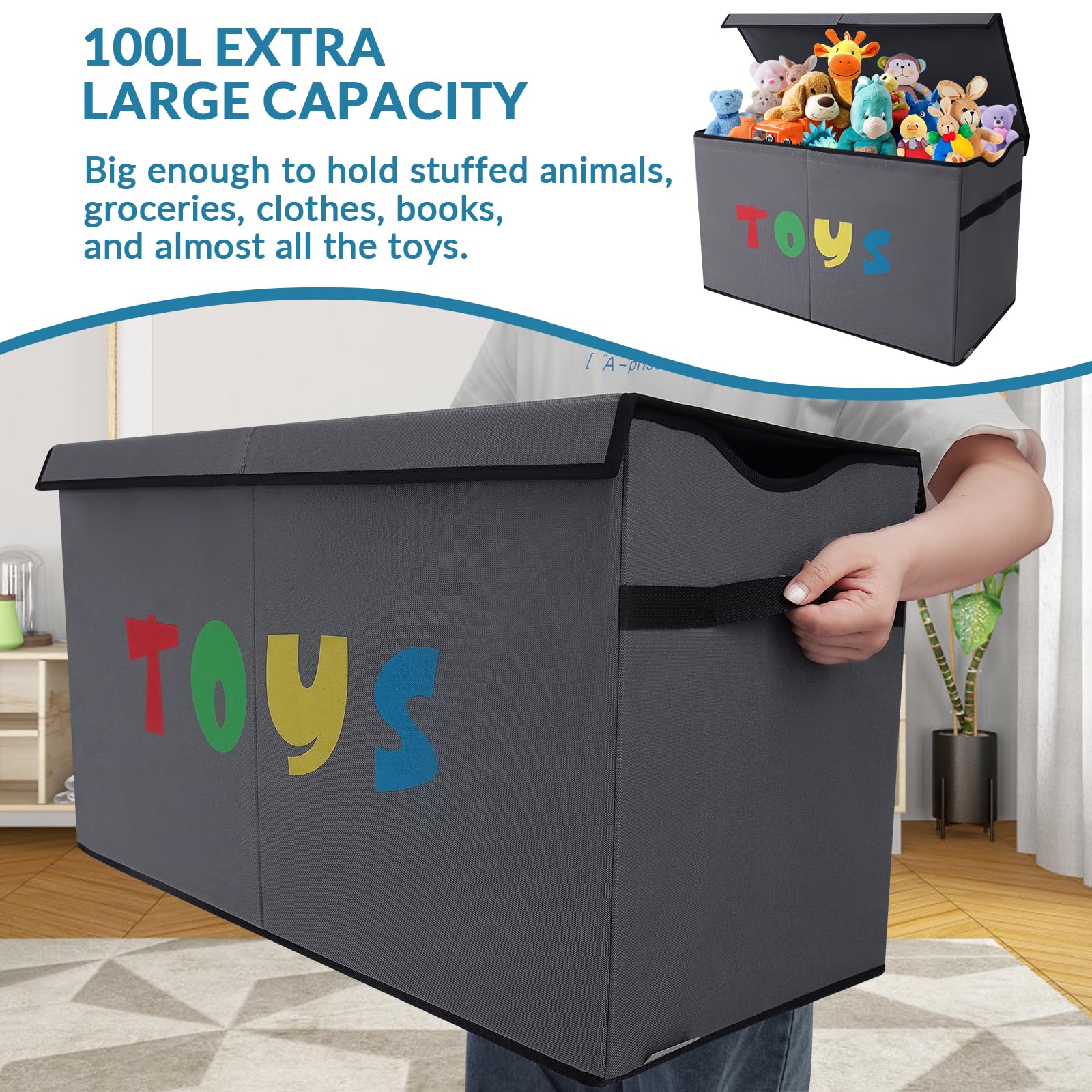 YOLOXO Toy Box Chest, Collapsible Sturdy Storage Bins with Lids, Extra Large Kids Toy Storage Organizer Boxes Bins Baskets for Kids, Boys, Girls, Nursery Room, Playroom, Closet (BLACK)