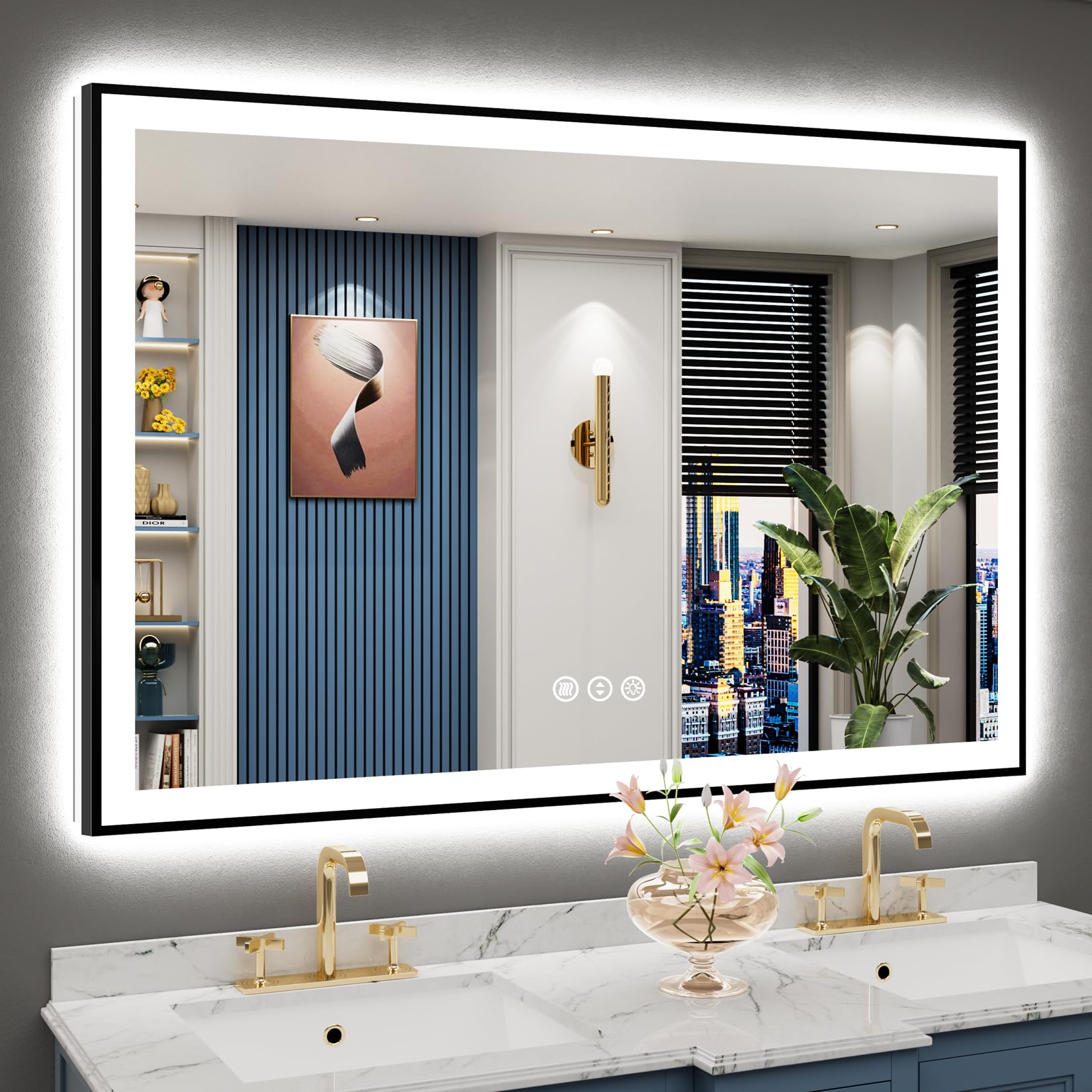 24x32 Black Framed LED Bathroom Mirror with Lights, Backlit and Front Lit Anti-Fog Lighted Vanity Mirrors for Bathroom Wall, Dimmable, 3 Colors, Memory, HD Tempered Glass, Horizontal/Vertical
