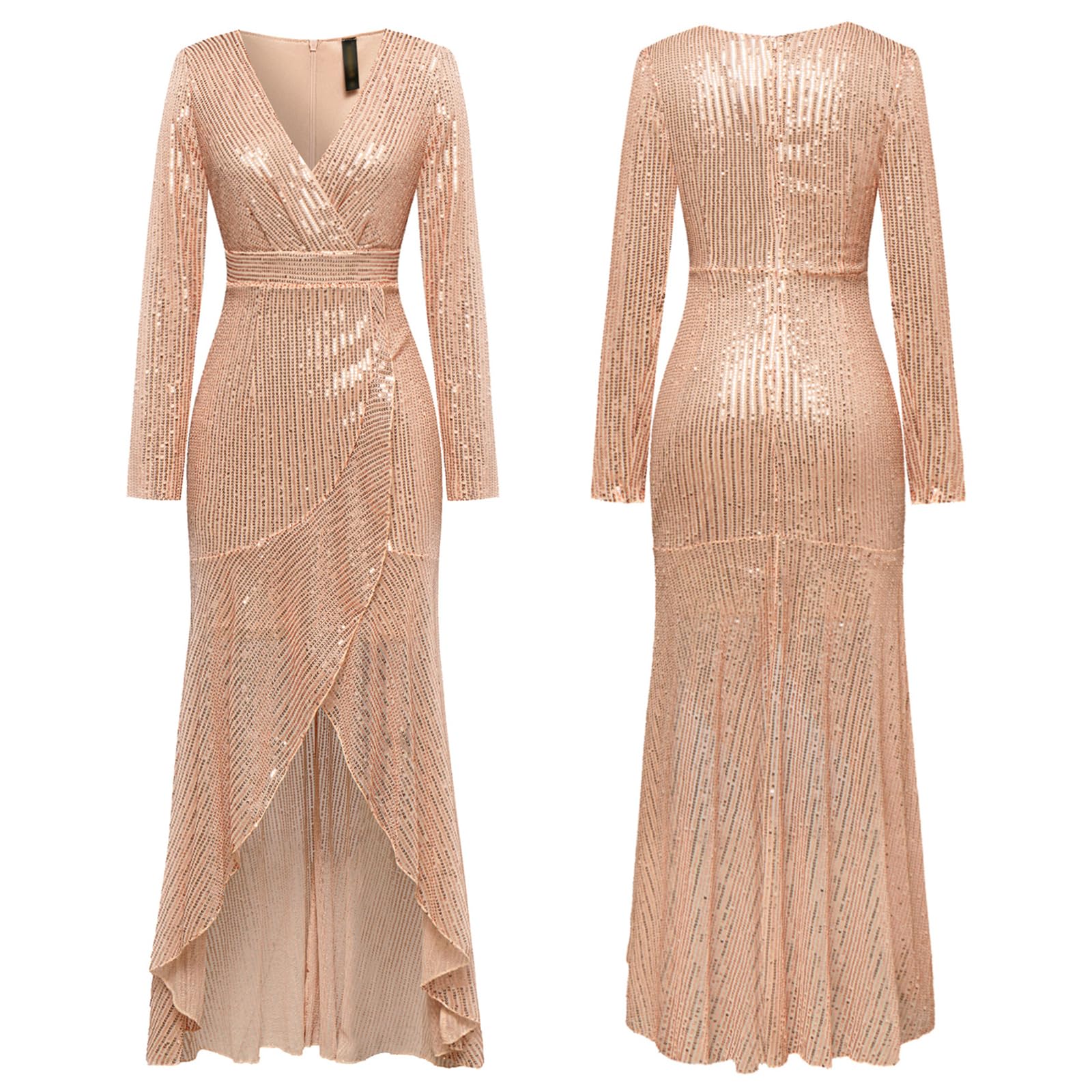 COOAN Women's Long Sequin Formal Dresses Long-Sleeve Cocktail Wedding Guest Dresses Elegant V Neck Party Gowns