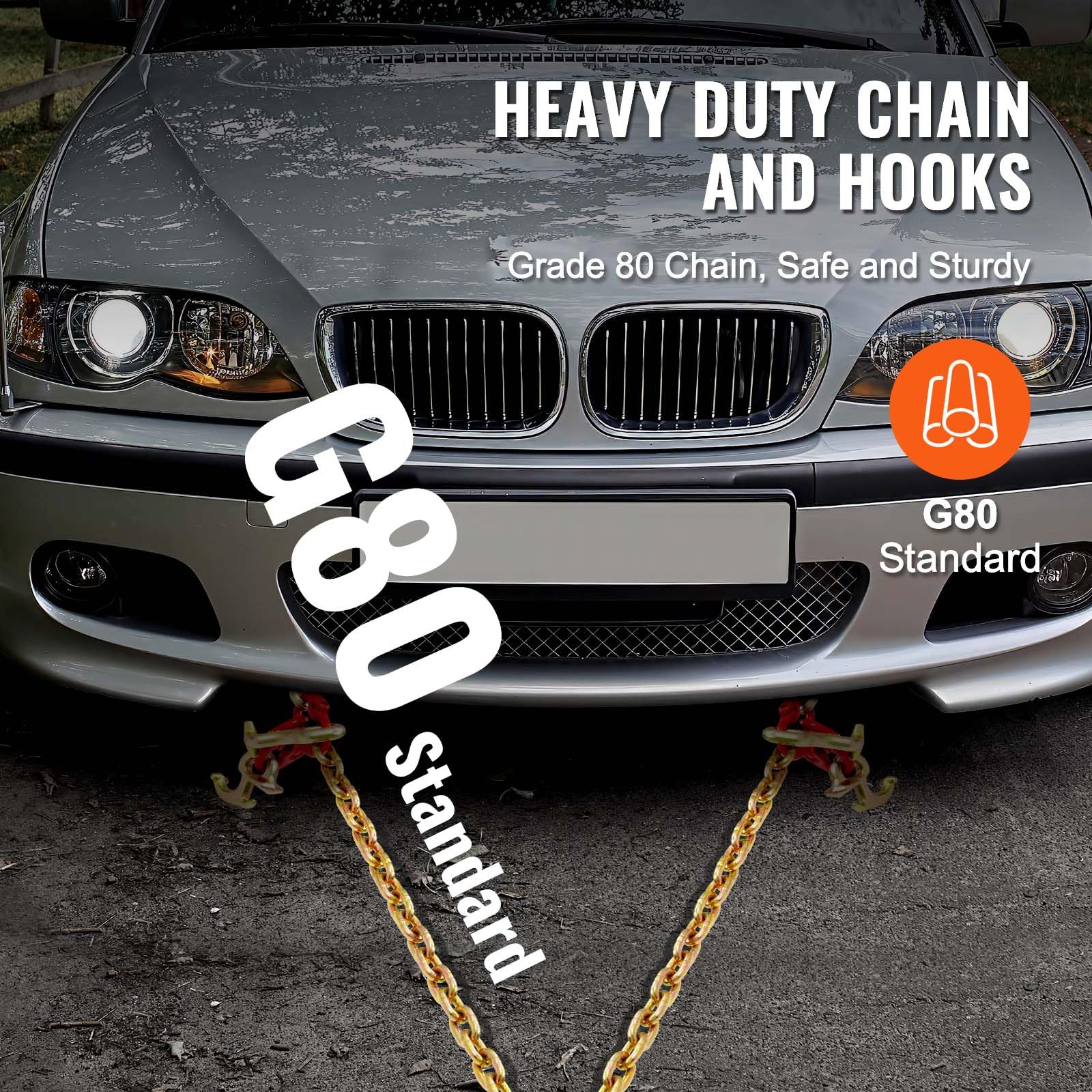 VEVOR G80 V Bridle Chain, 3/8" x 2' Towing Chain Bridle with 15" J Hooks, T Hooks & Grab Hooks, Heavy Duty Transport Tow Chain Bridle with 7800 lbs Safe Working Load for Flatbed Truck Wrecker Recovery