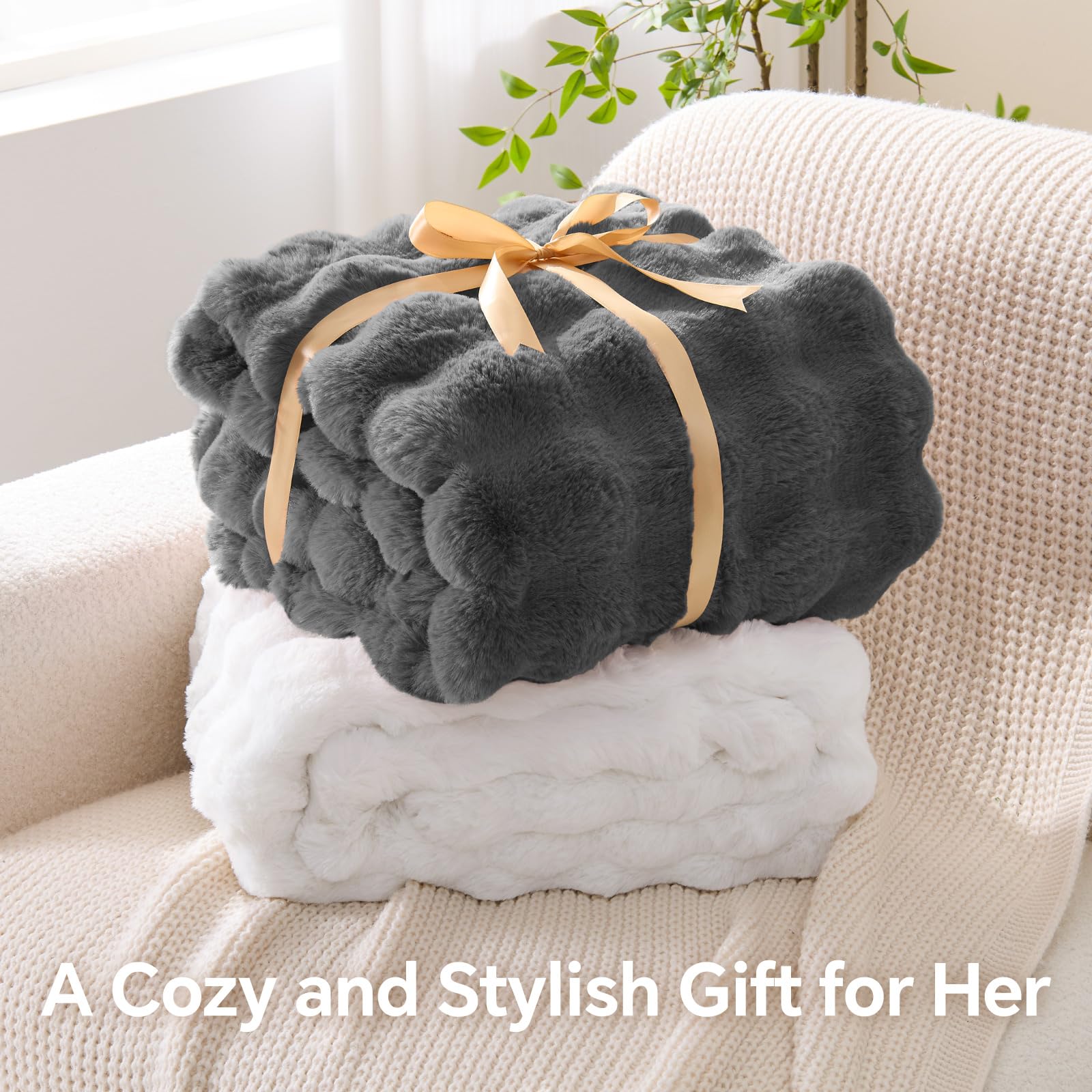 BEDELITE Faux Fur Throw Blanket, Soft Cozy Plush Dark Grey Bubble Blanket for Couch Sofa Bedroom Living Room Decor - 870GSM Thick Warm Fuzzy Fluffy Faux Rabbit Fur Blanket, 50x60 Inches