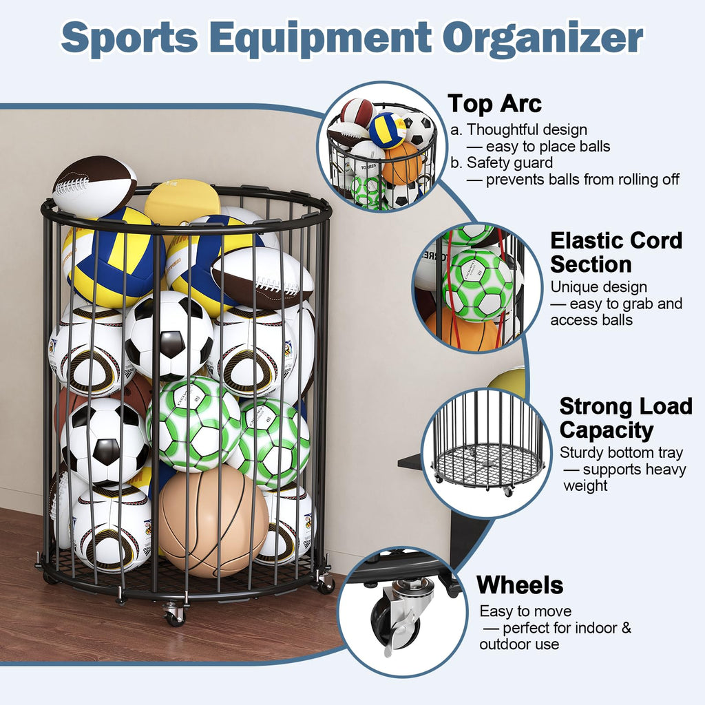 Hencawima Garage Ball Storage: Round Sports Equipment Organizer with Wheels, Sports Ball Rack With Elastic Rope, Ball Holder for Basketball, Soccer, Volleyball, Football, Garage, Gym, Outdoor (Black)